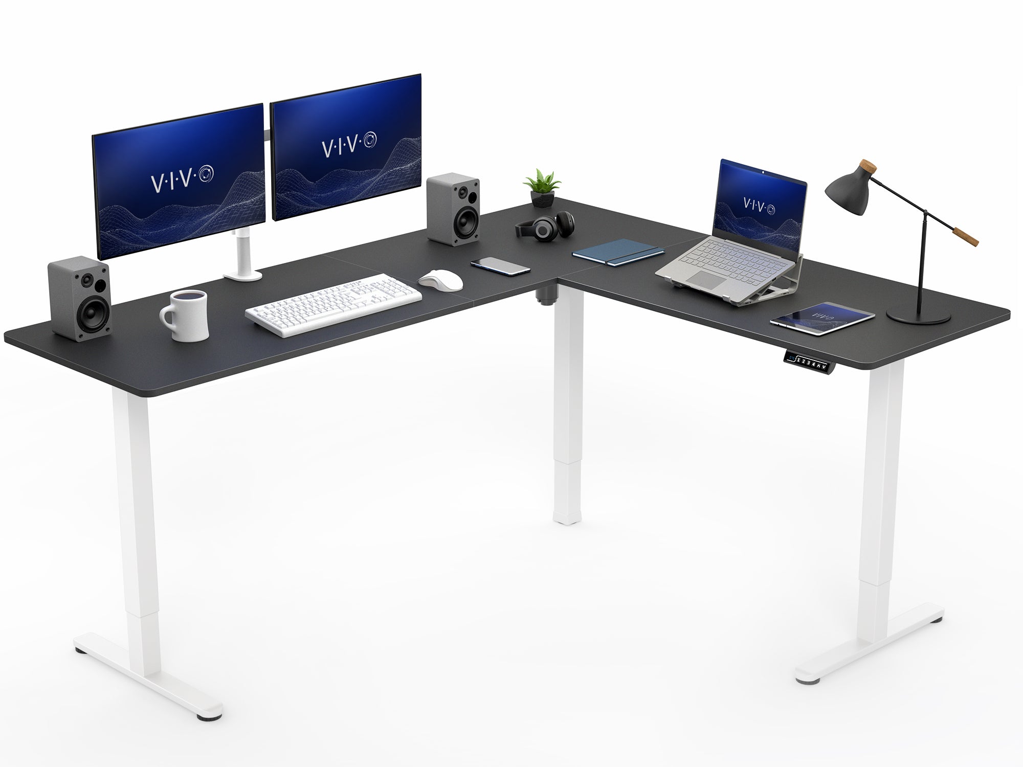 L-shaped desk with computer setup on a white background