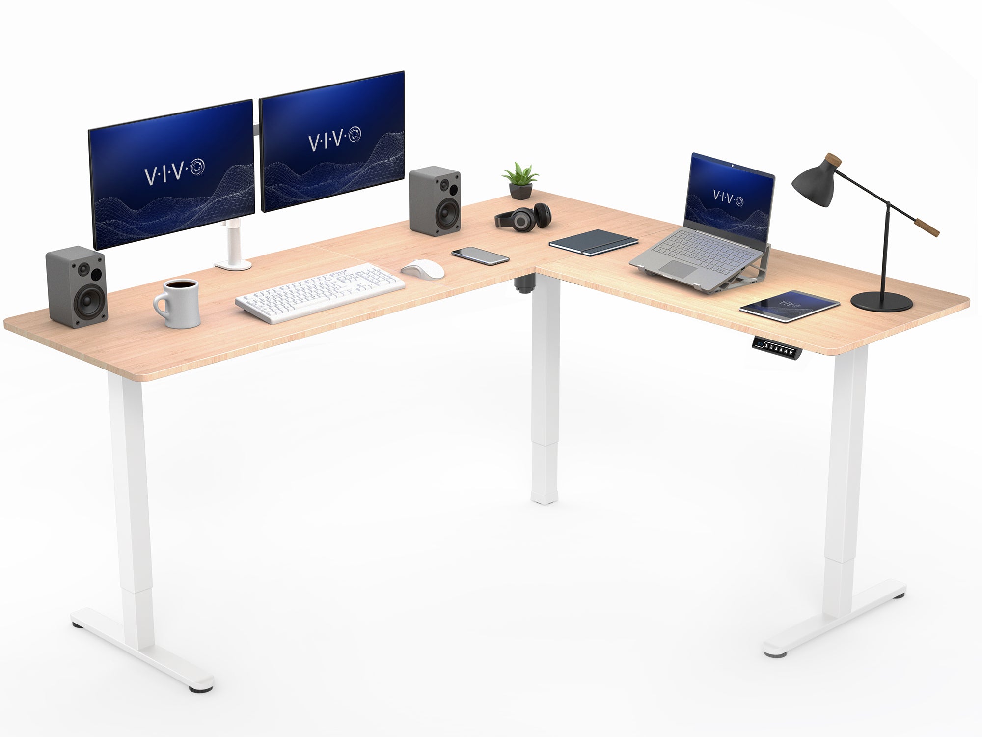 Bamboo L-shaped desk with computer setup on a white background