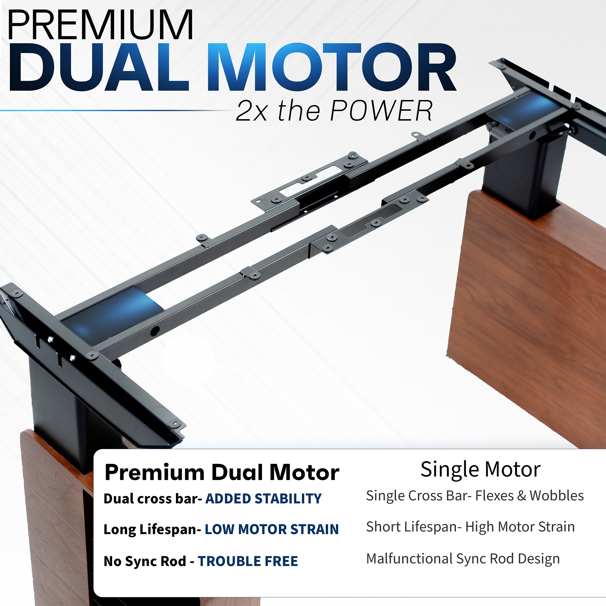 Spacious sit to stand walnut executive desk with two pull-out drawers, adjustable shelving on the reversible legs, and a built-in power strip for convenient connectivity.