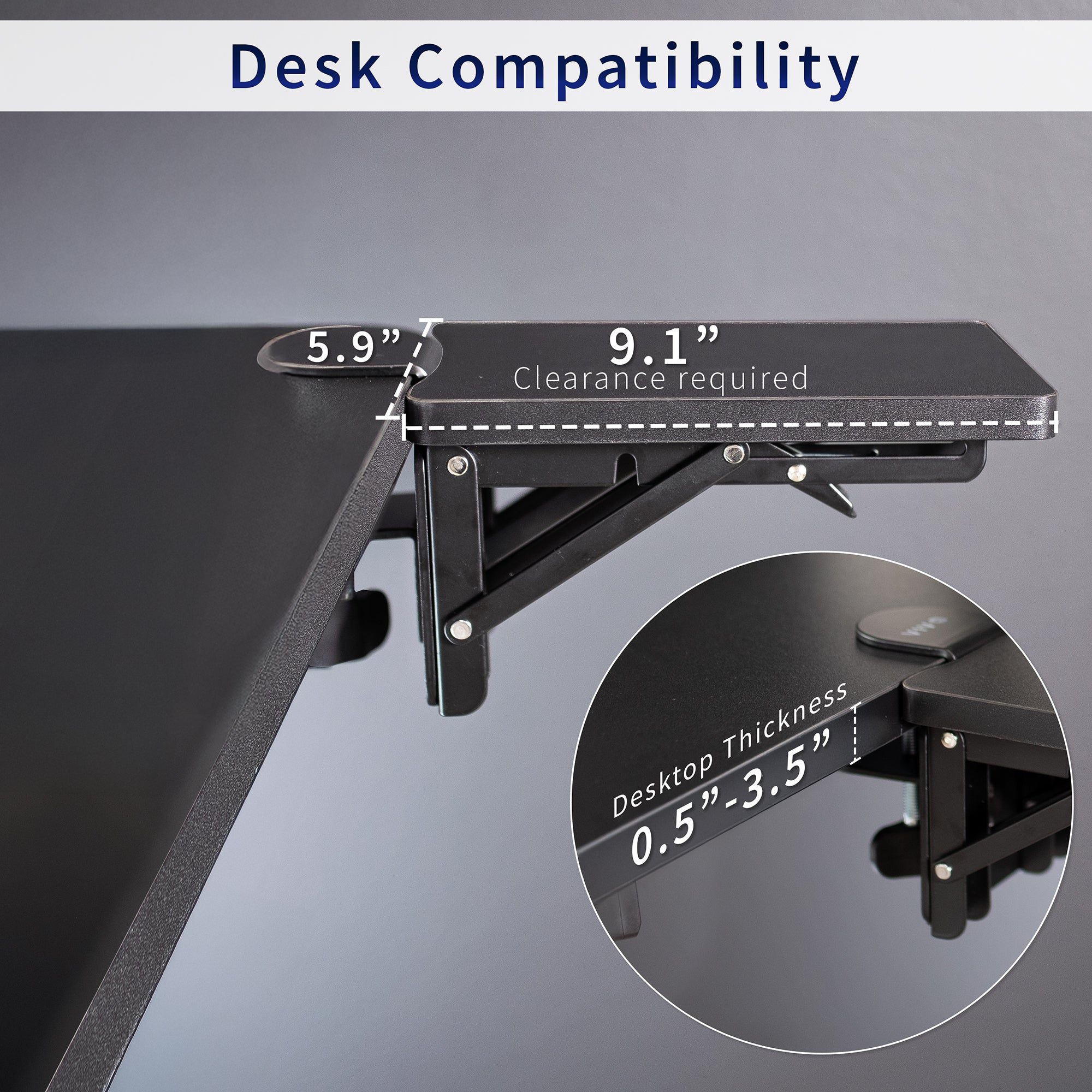 Clamp-on 6 x 9 inch (11 Including Clamps) Desk Extender, Wrist Support, Armrest Tray, Table Mount for Sit Stand Desks