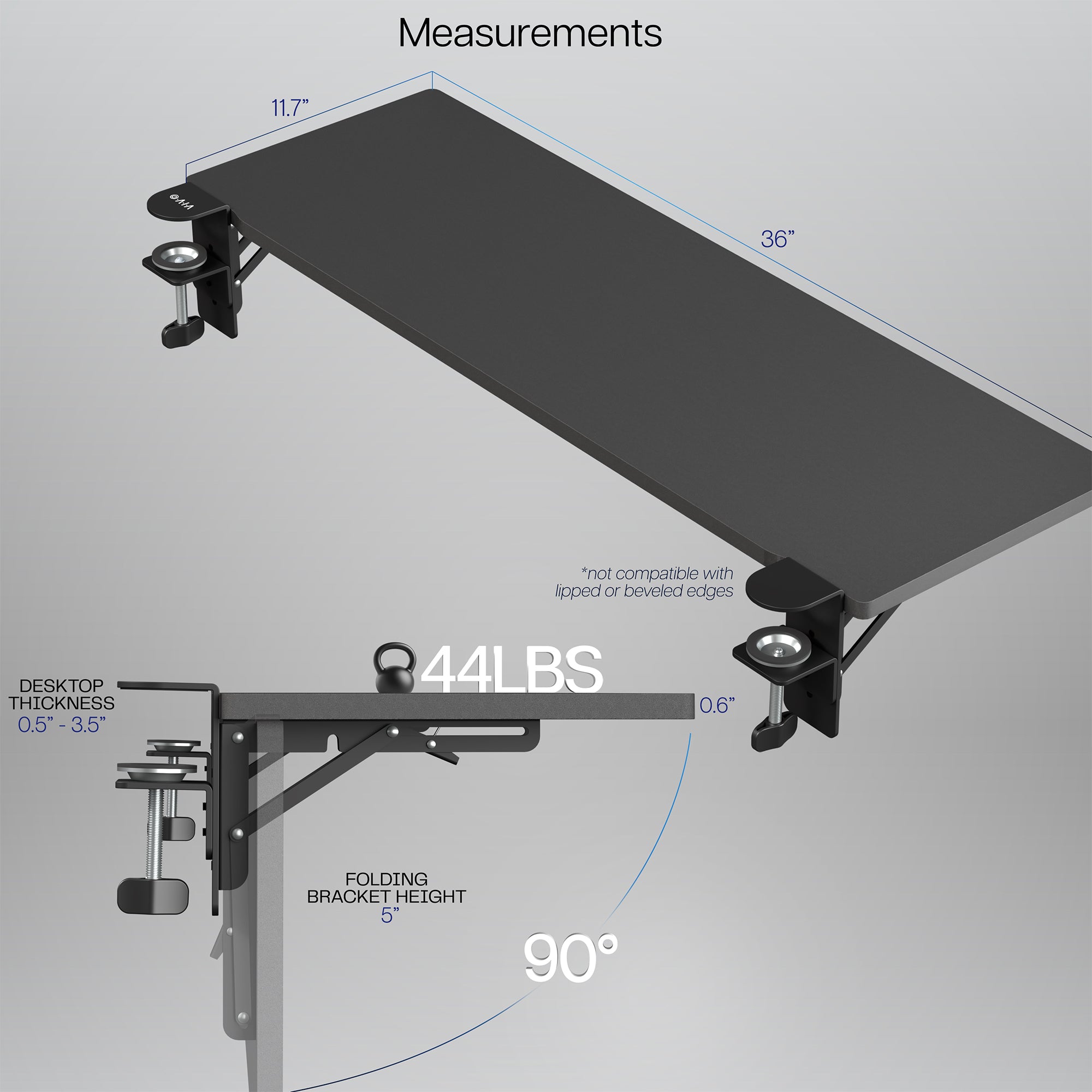 Clamp-on 36 x 12 inch (14 Including Clamps) Desk Extender, Foldable Keyboard Tray, Table Mount for Sit Stand Desks