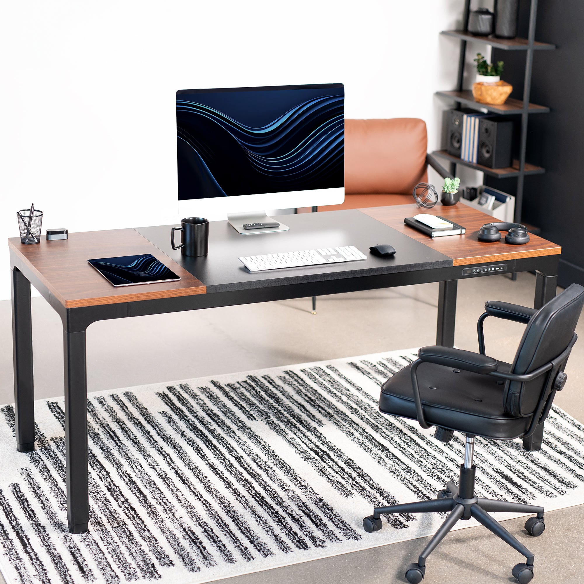 Premium Electric 4-Leg Quad Motor Desk Frame in a modern home office setting.