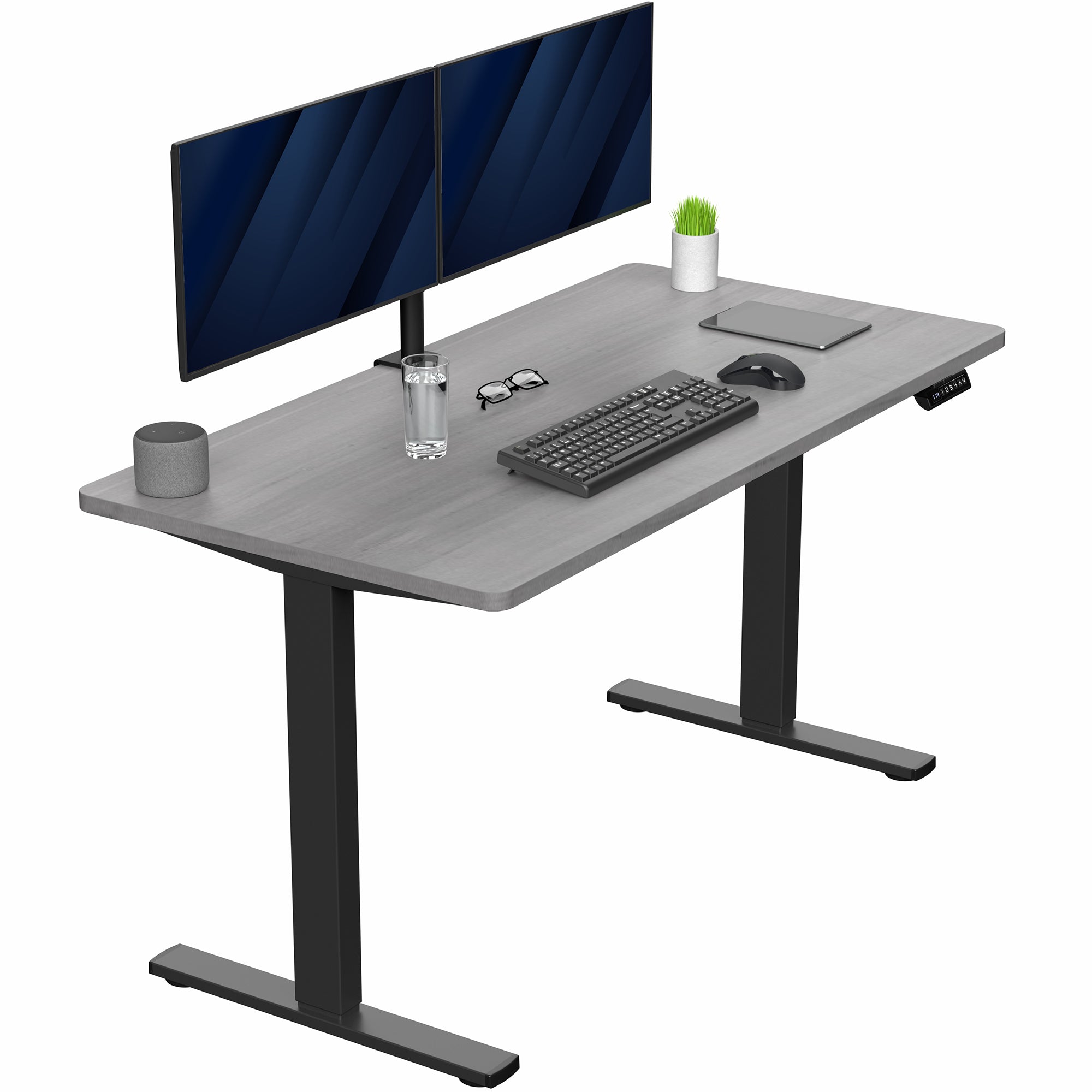 Sturdy ergonomic sit or stand active desk workstation with adjustable height using smart control panel.