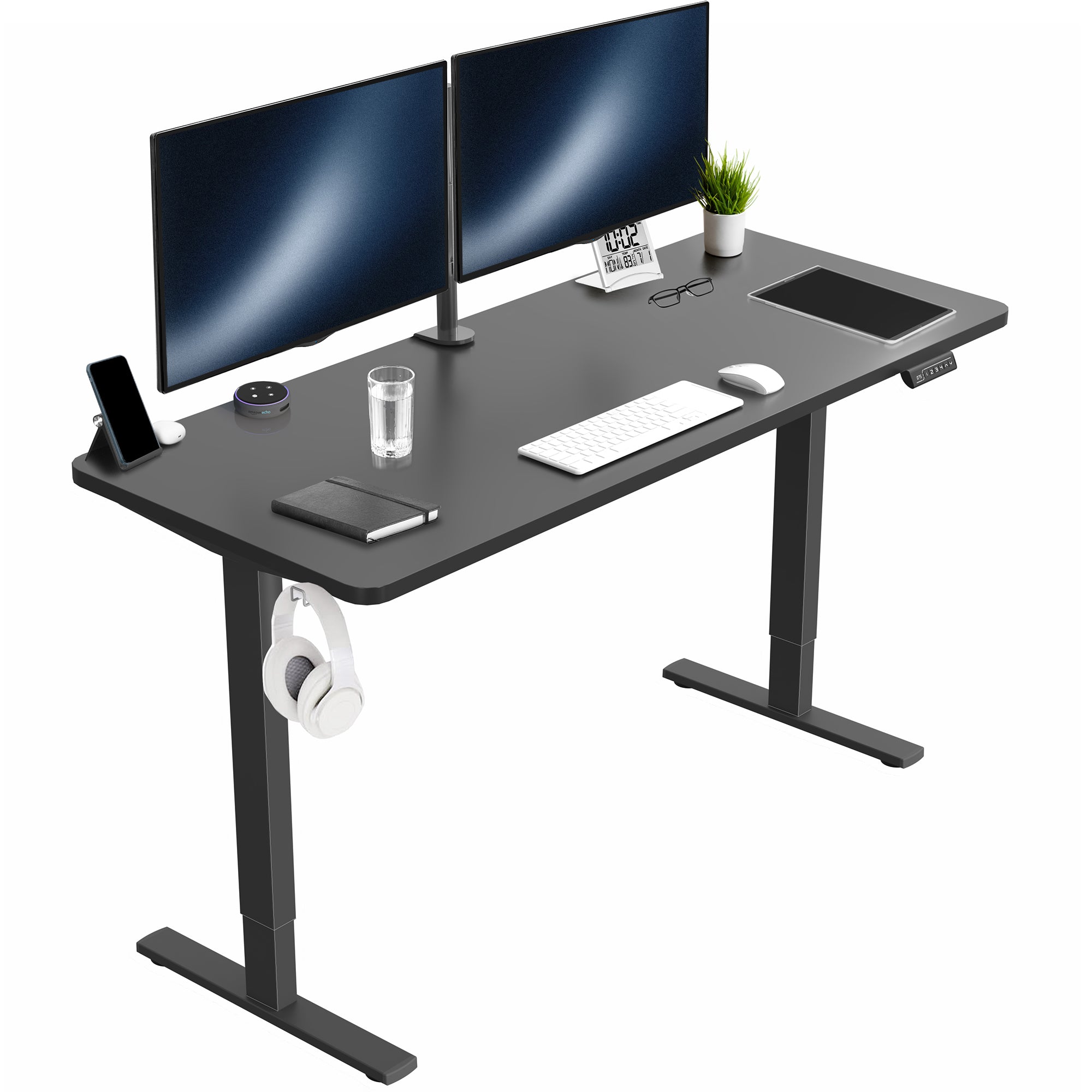 Sturdy ergonomic sit or stand active desk workstation with adjustable height using smart control panel.
