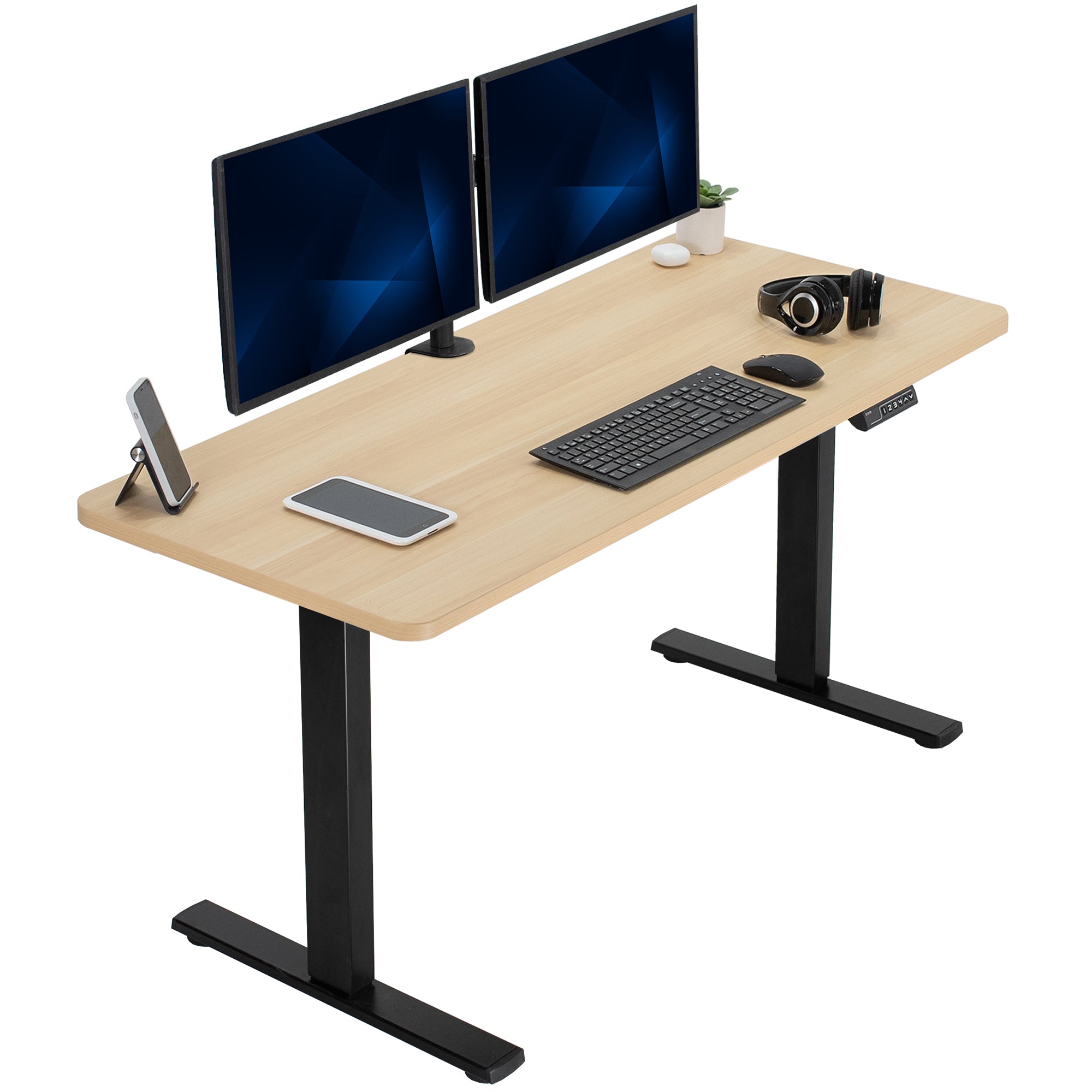 Sturdy ergonomic sit or stand active desk workstation with adjustable height using smart control panel.