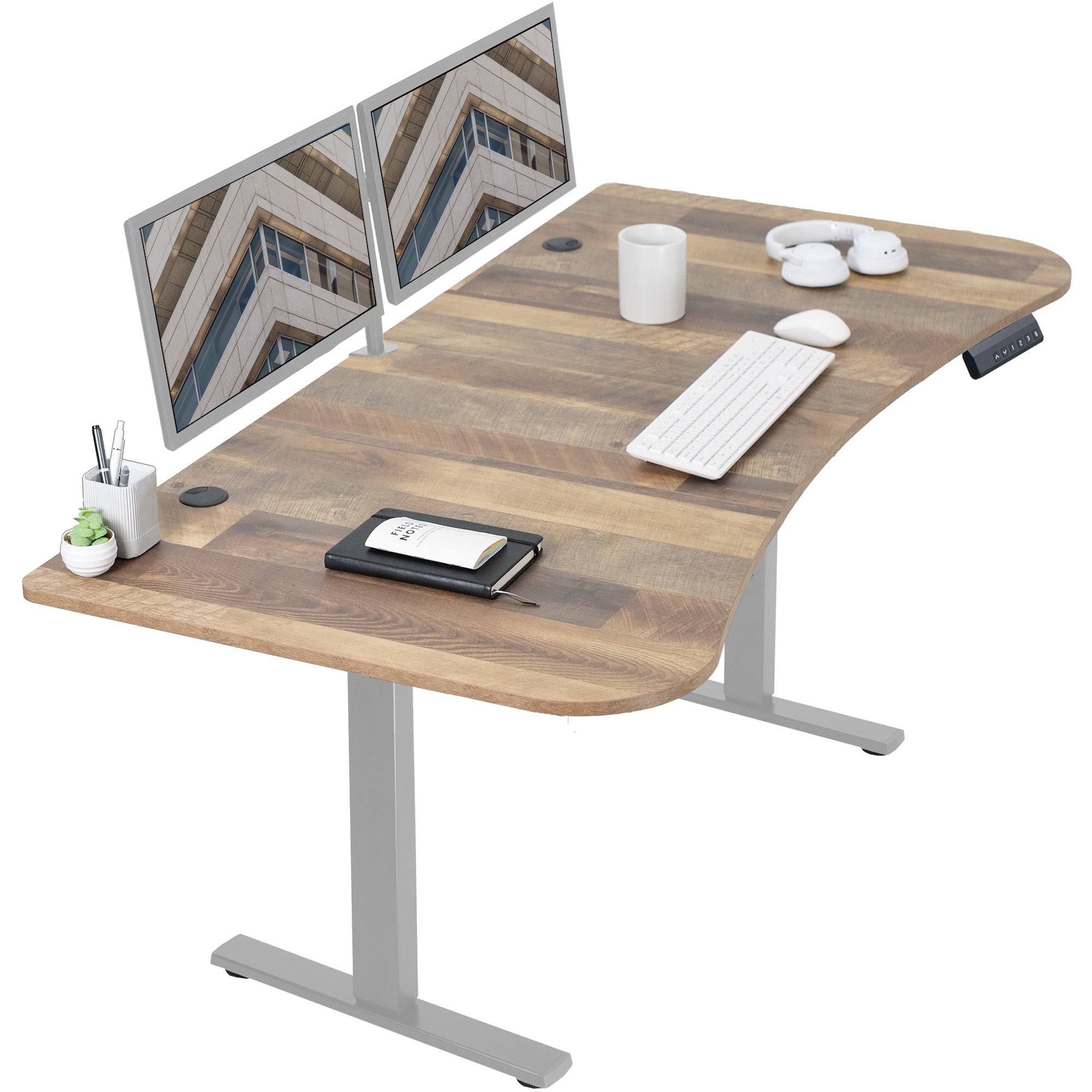 Reclaimed wood top grey frame, electric, sit to stand, height adjustable desk.