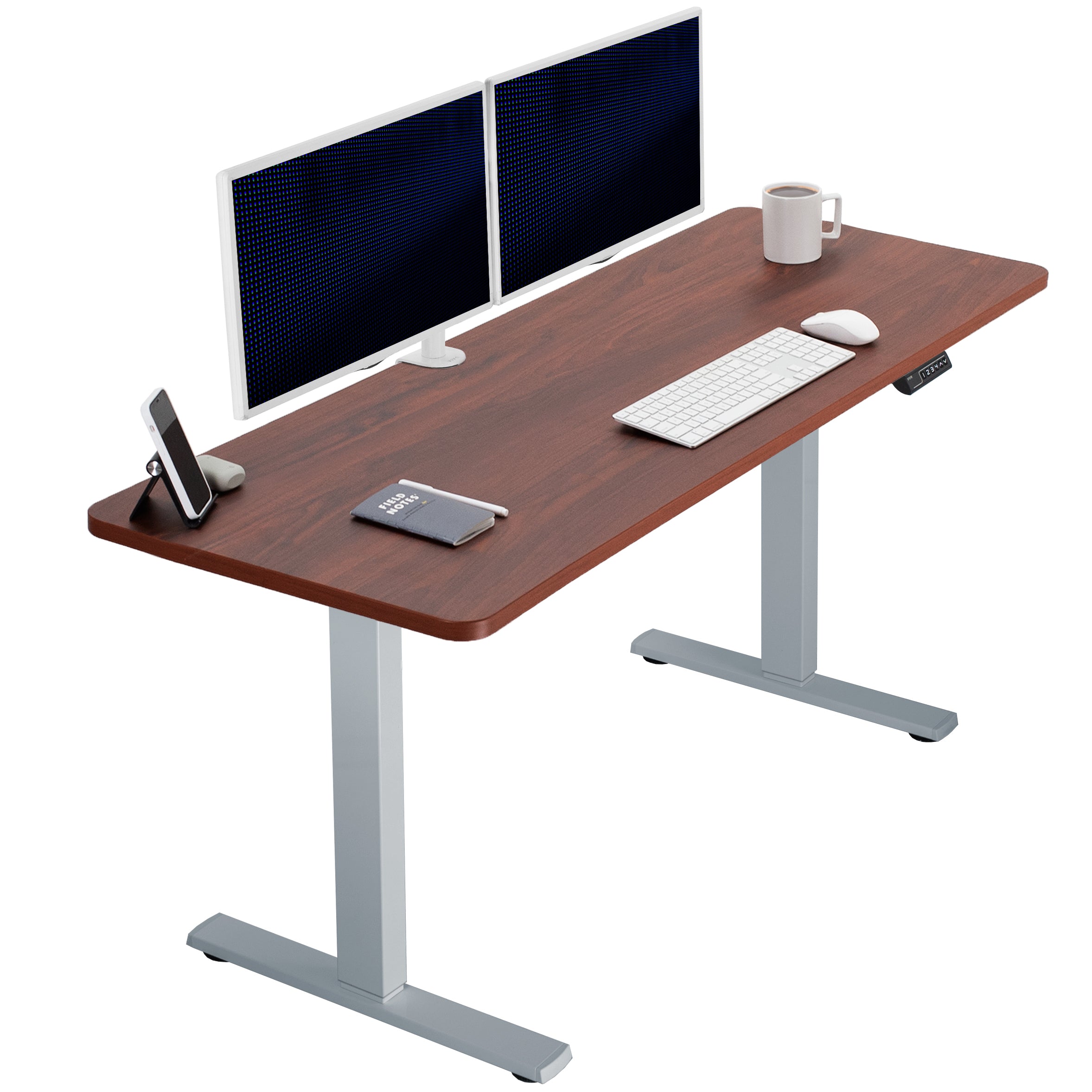 Sturdy ergonomic sit or stand active desk workstation with adjustable height using smart control panel.