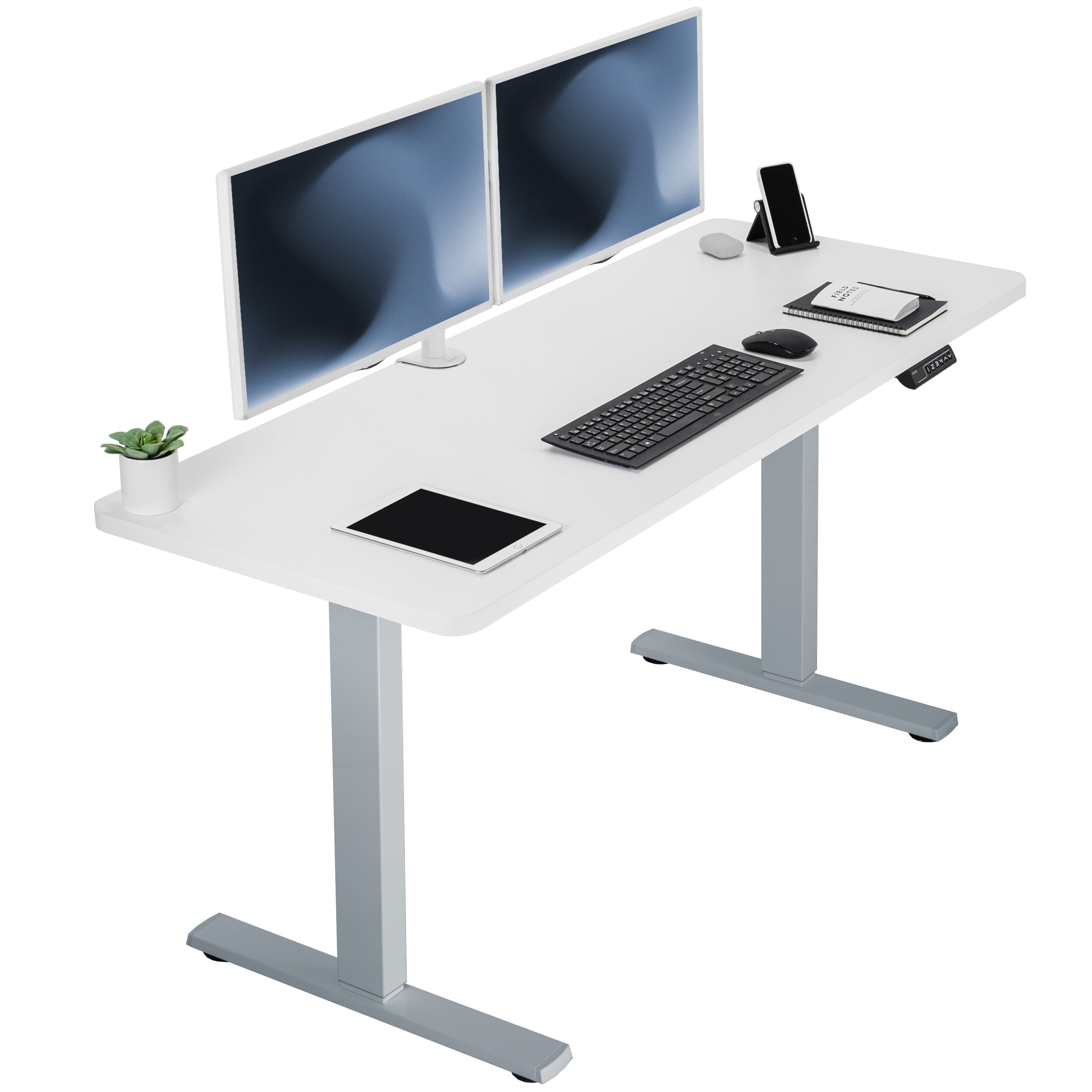 Sturdy ergonomic sit or stand active desk workstation with adjustable height using smart control panel.