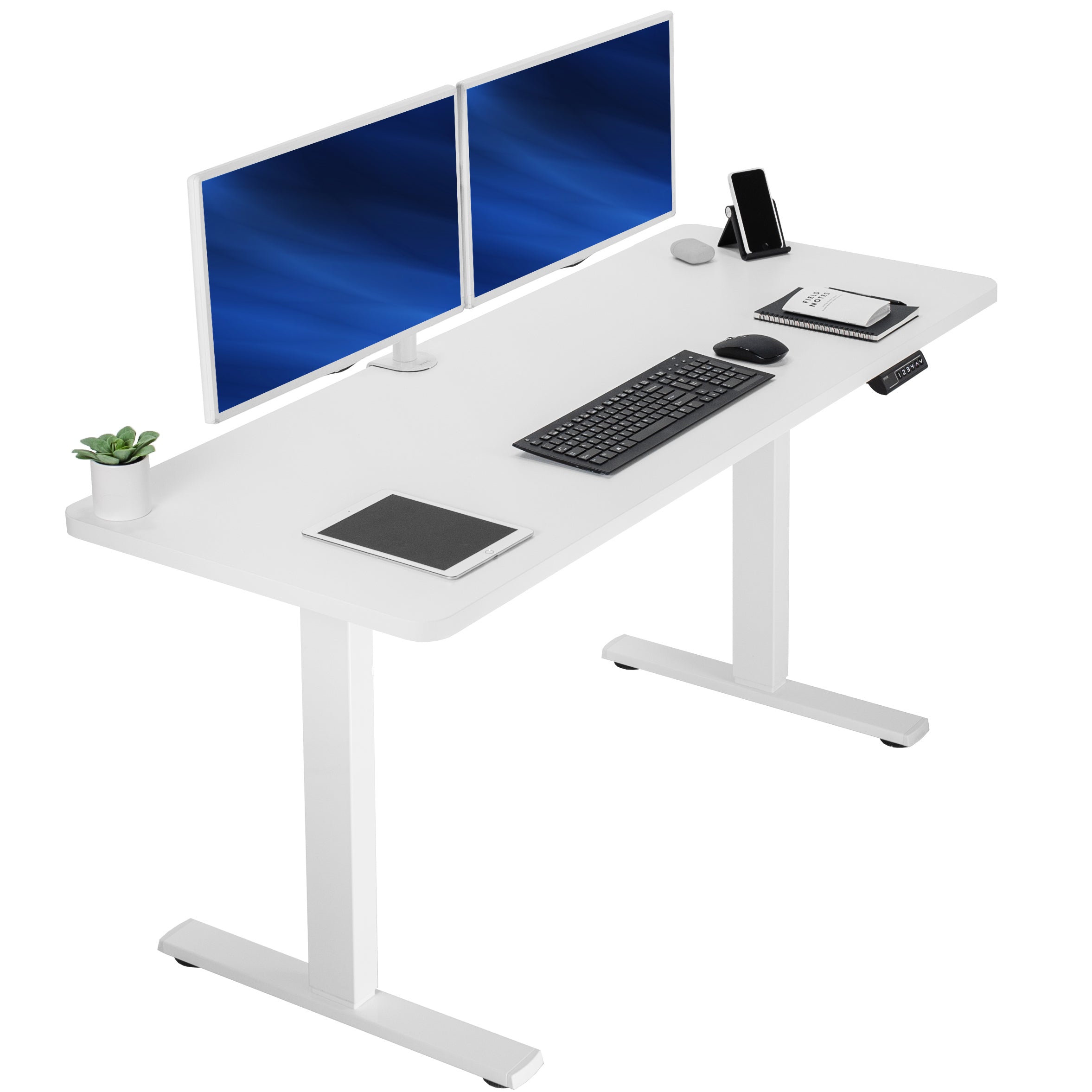 Sturdy ergonomic sit or stand active desk workstation with adjustable height using smart control panel.