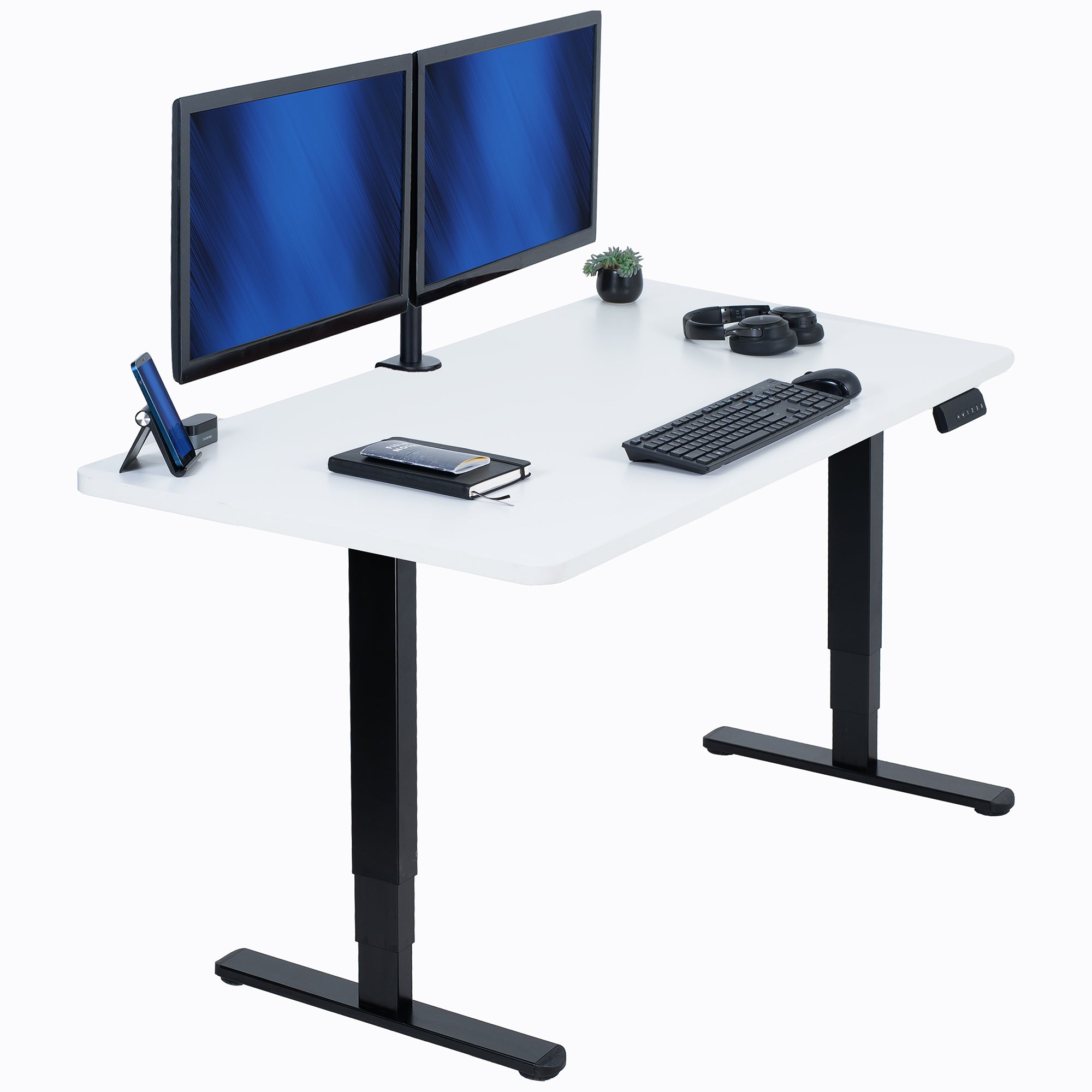 White desk with black legs, two monitors, keyboard, and other office items on a white background