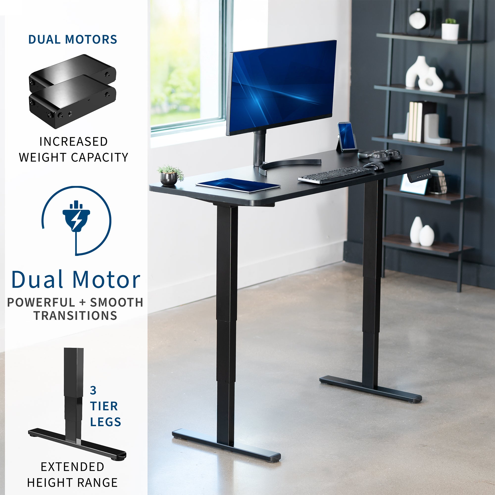 Black adjustable desk with dual motor system in a home office setting