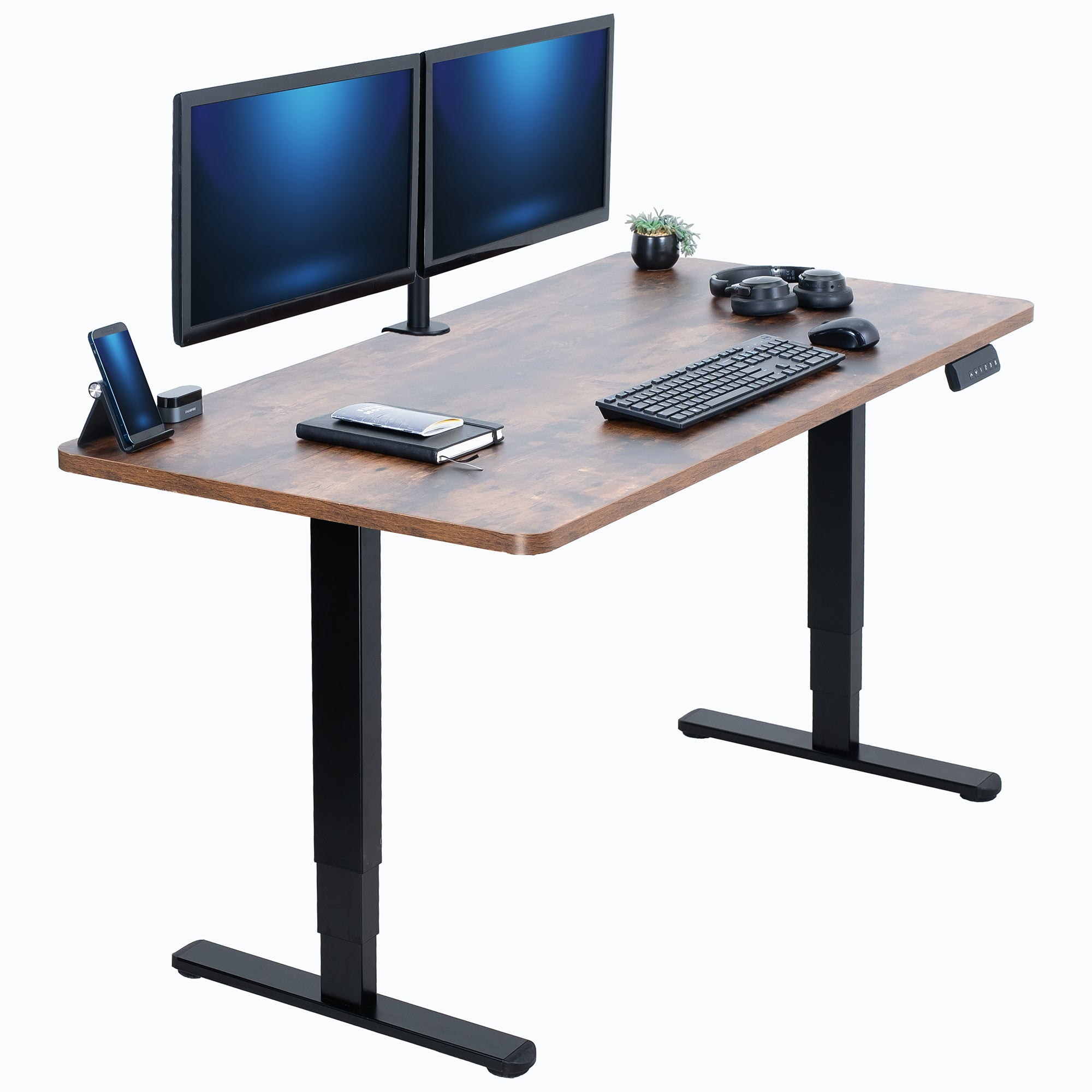 Wooden desk with black legs, two monitors, keyboard, mouse, and phone on a white background