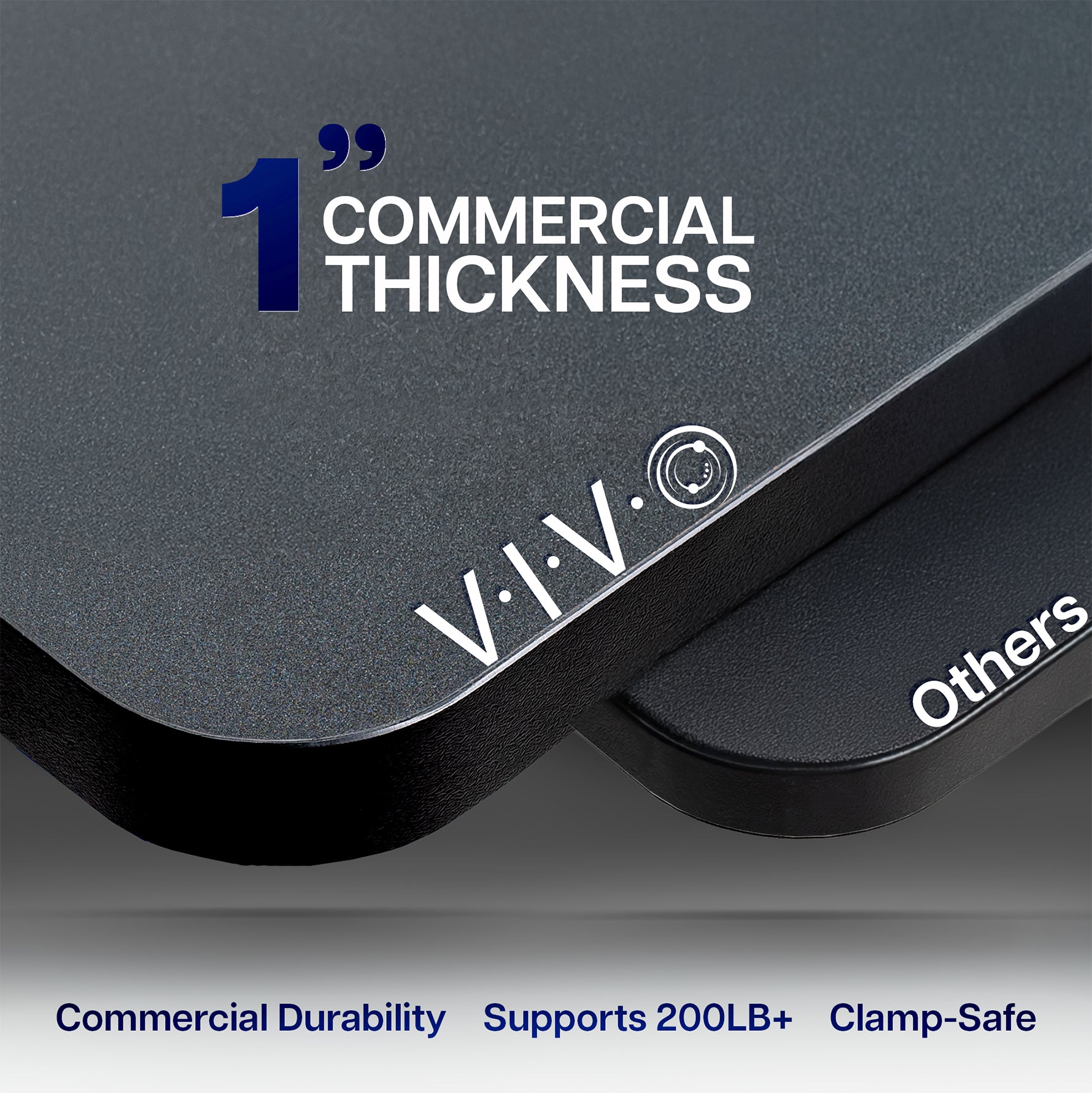 Black desktop with 'VIVO' branding and text highlighting commercial thickness and durability.