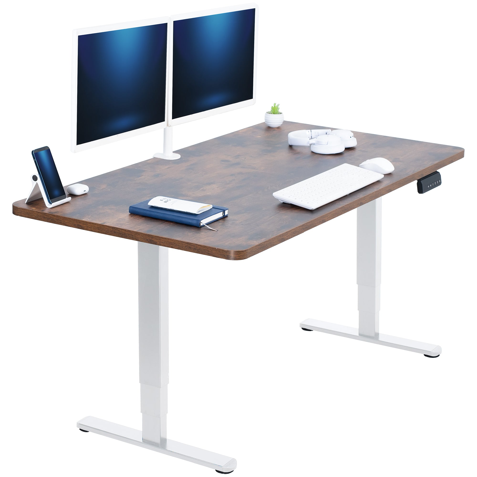 Wooden desk with black legs, two monitors, keyboard, and mouse on a white background
