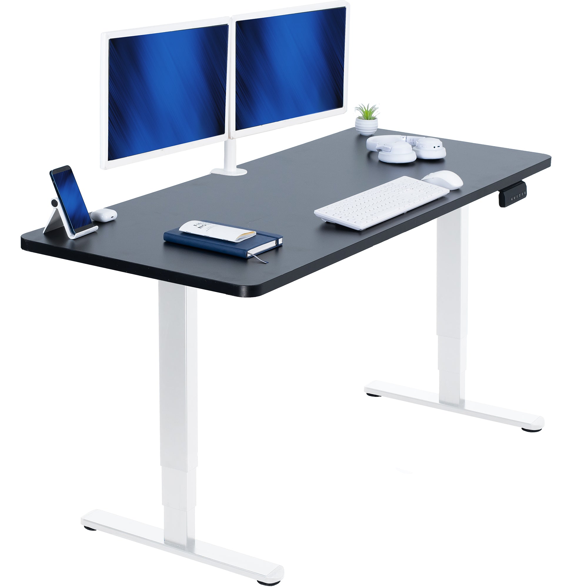 Black desk with white legs, two monitors, keyboard, and office items on a white background