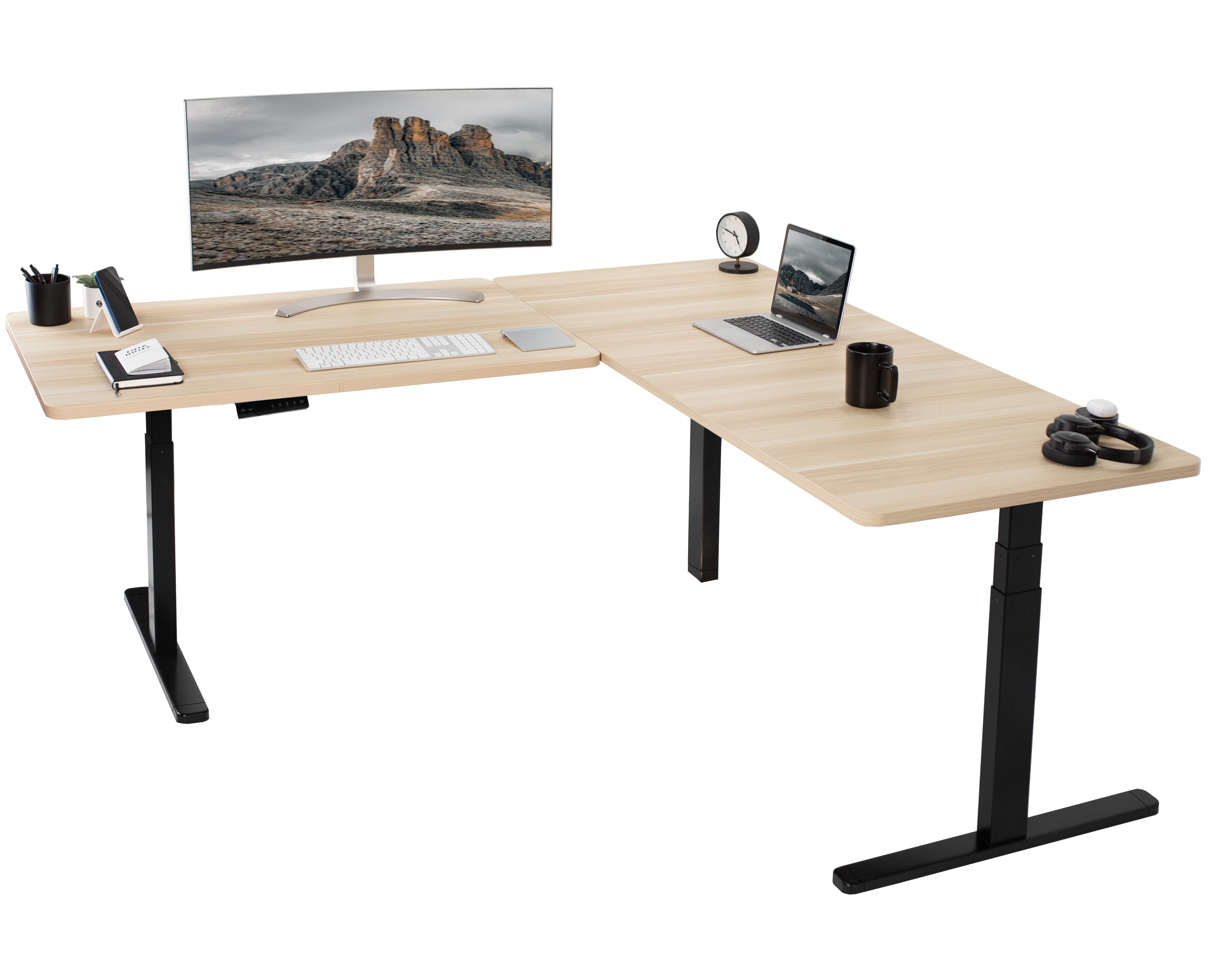 Sit or stand, 3-stage column, heavy-duty, L-shaped corner desk from VIVO.