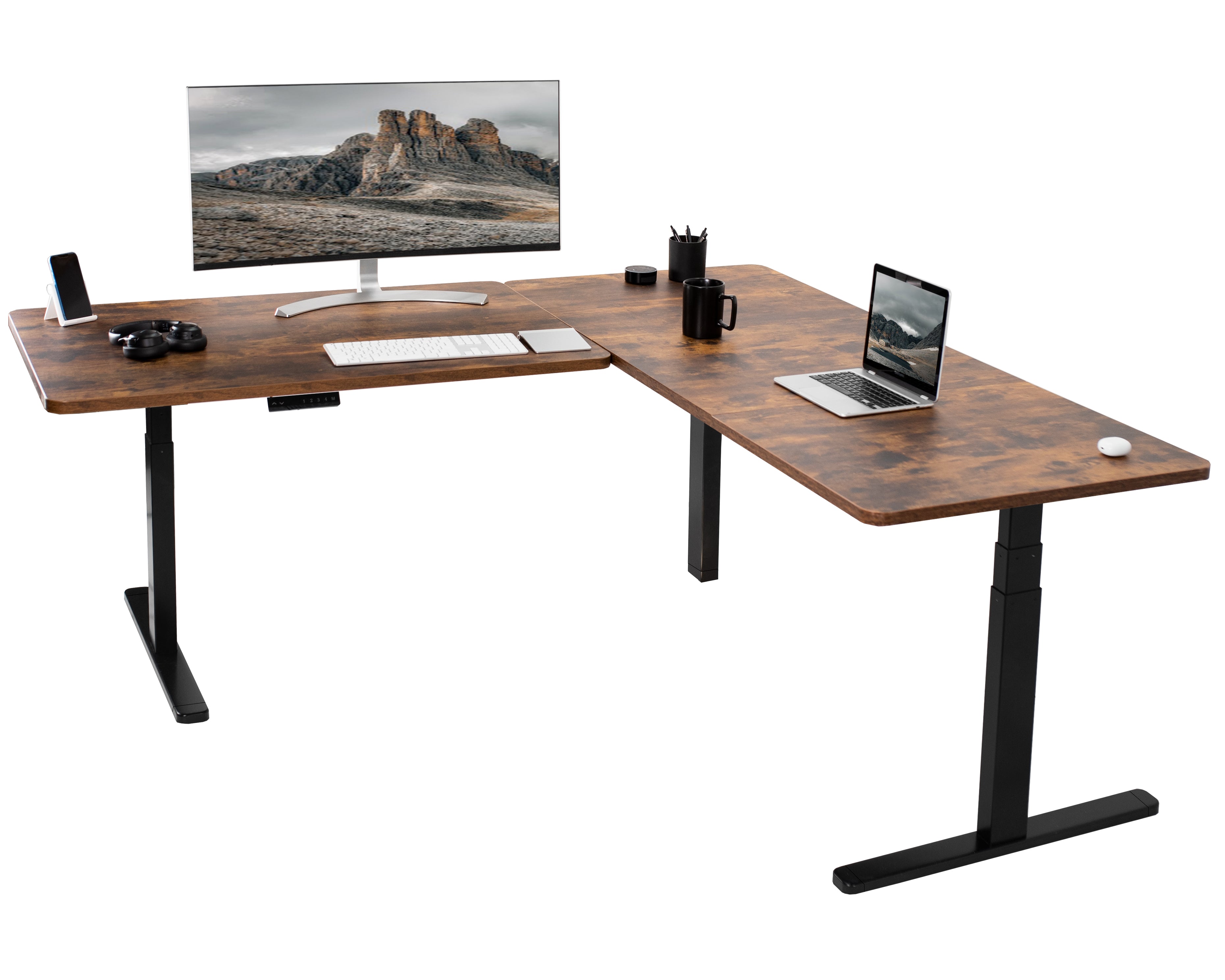 Sit or stand, 3-stage column, heavy-duty, L-shaped corner desk from VIVO.