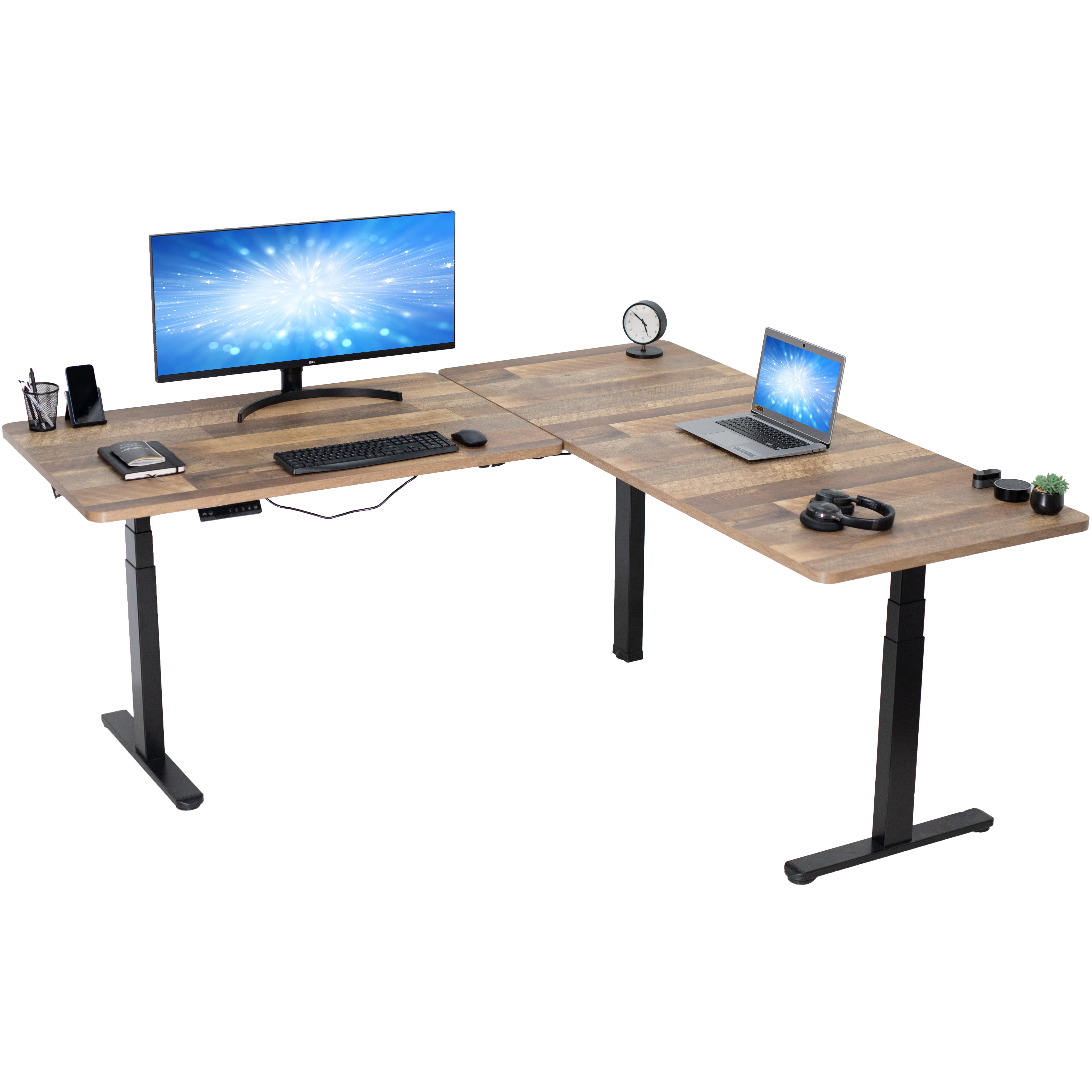 Sit or stand, 3-stage column, heavy-duty, L-shaped corner desk from VIVO.