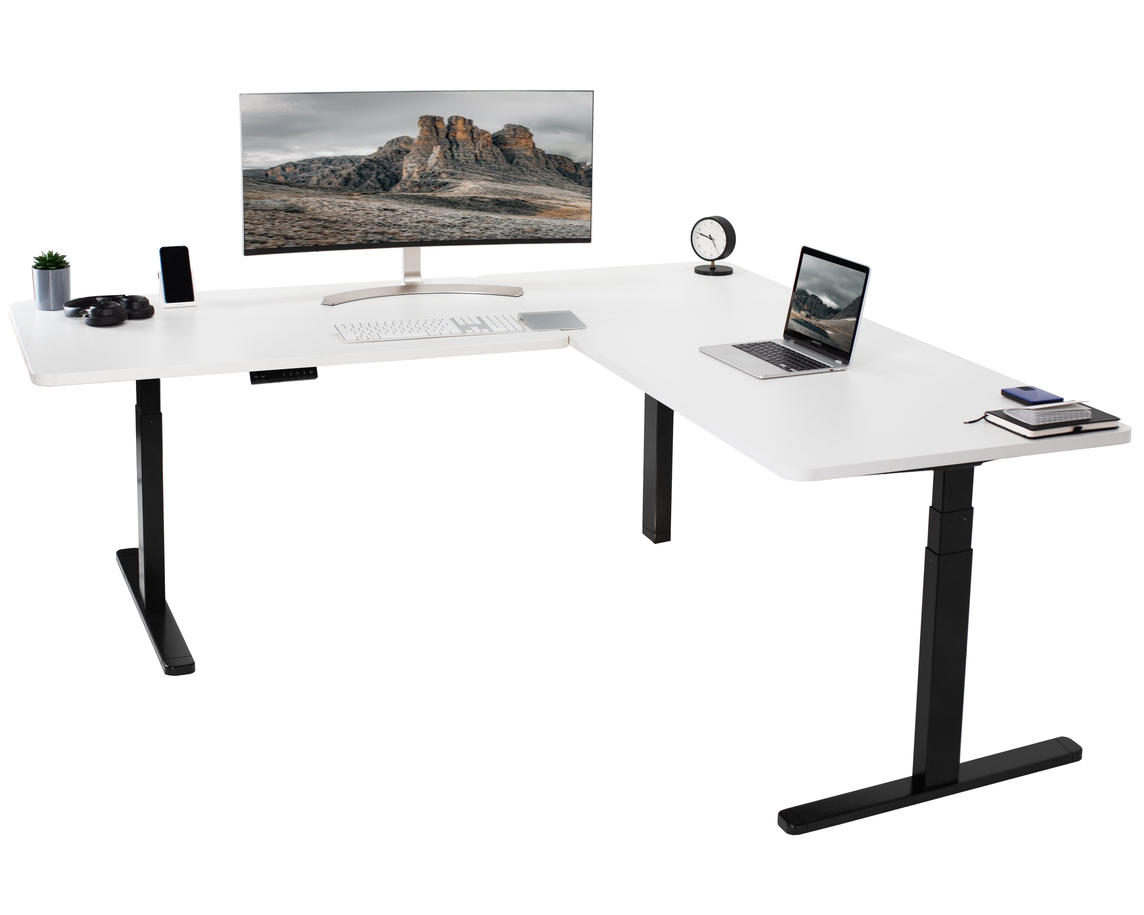 Sit or stand, 3-stage column, heavy-duty, L-shaped corner desk from VIVO.