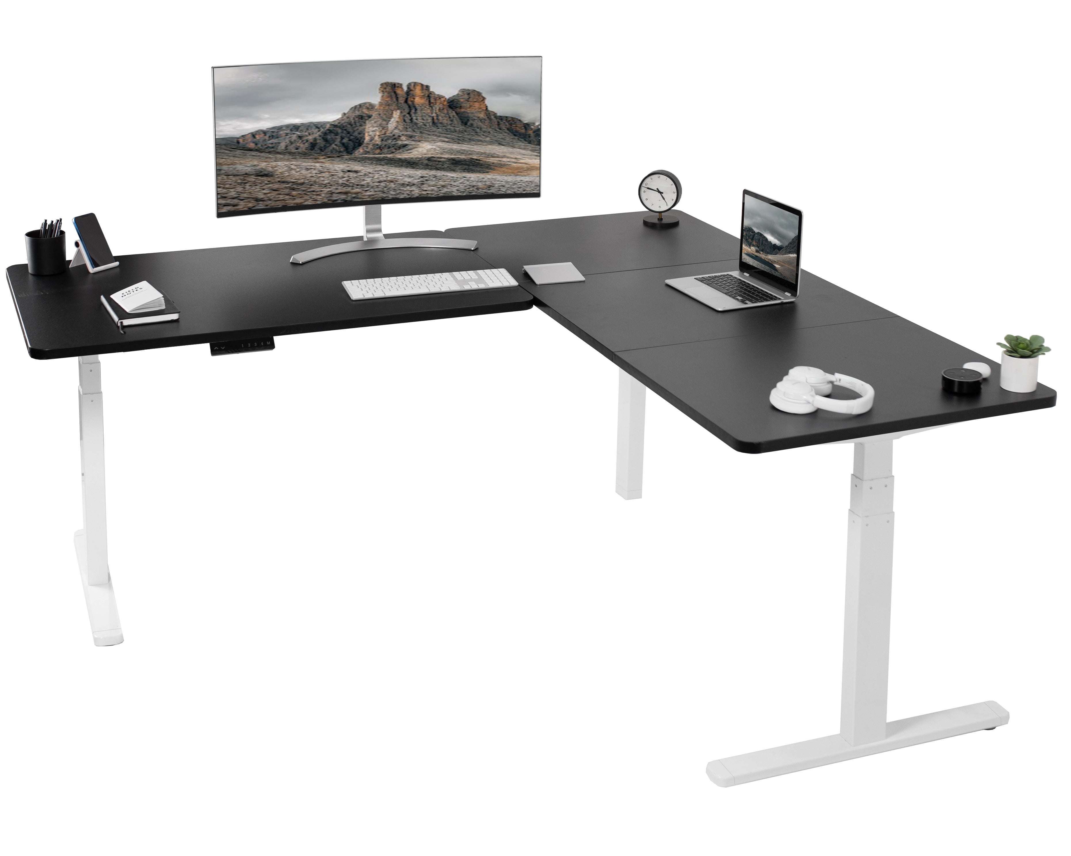 Sit or stand, 3-stage column, heavy-duty, L-shaped corner desk from VIVO.