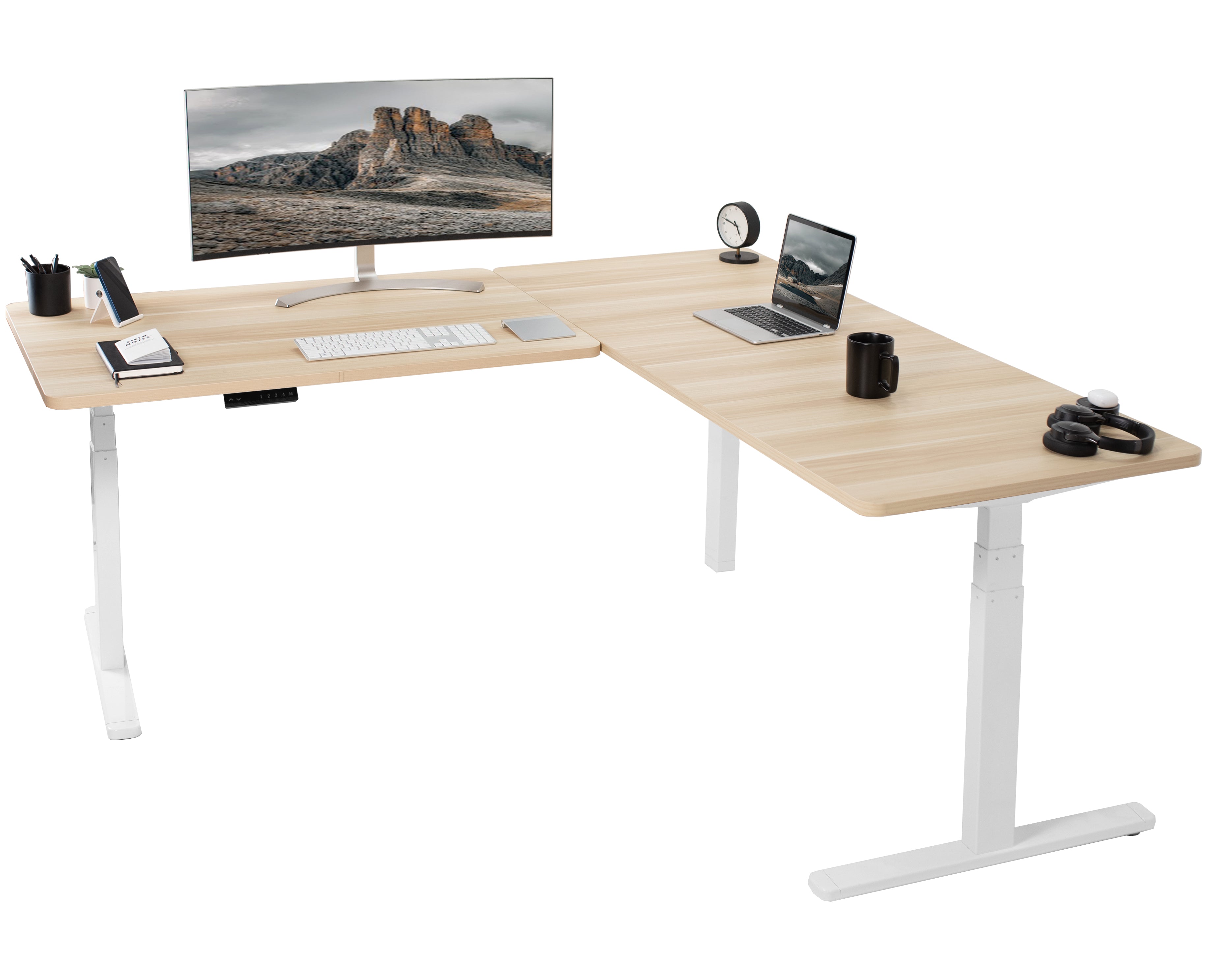 Sit or stand, 3-stage column, heavy-duty, L-shaped corner desk from VIVO.