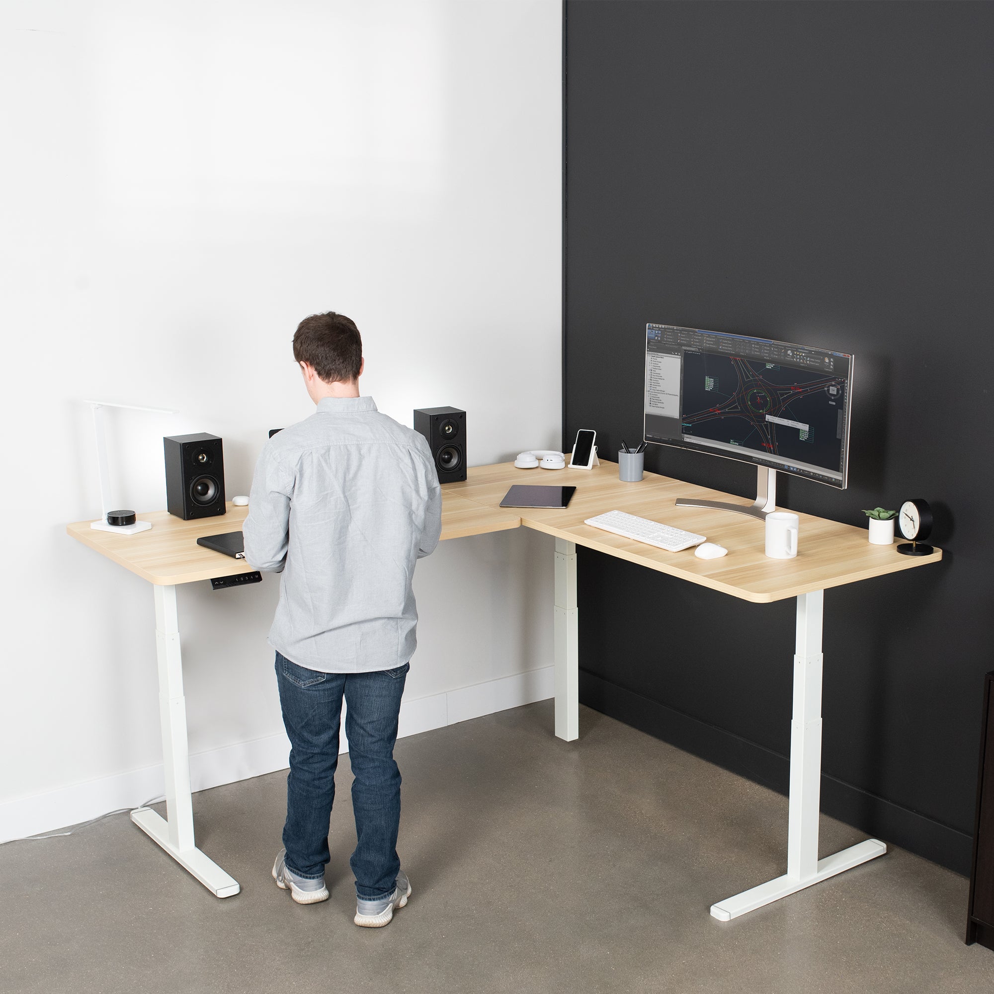 Sit or stand, 3-stage column, heavy-duty, L-shaped corner desk from VIVO.