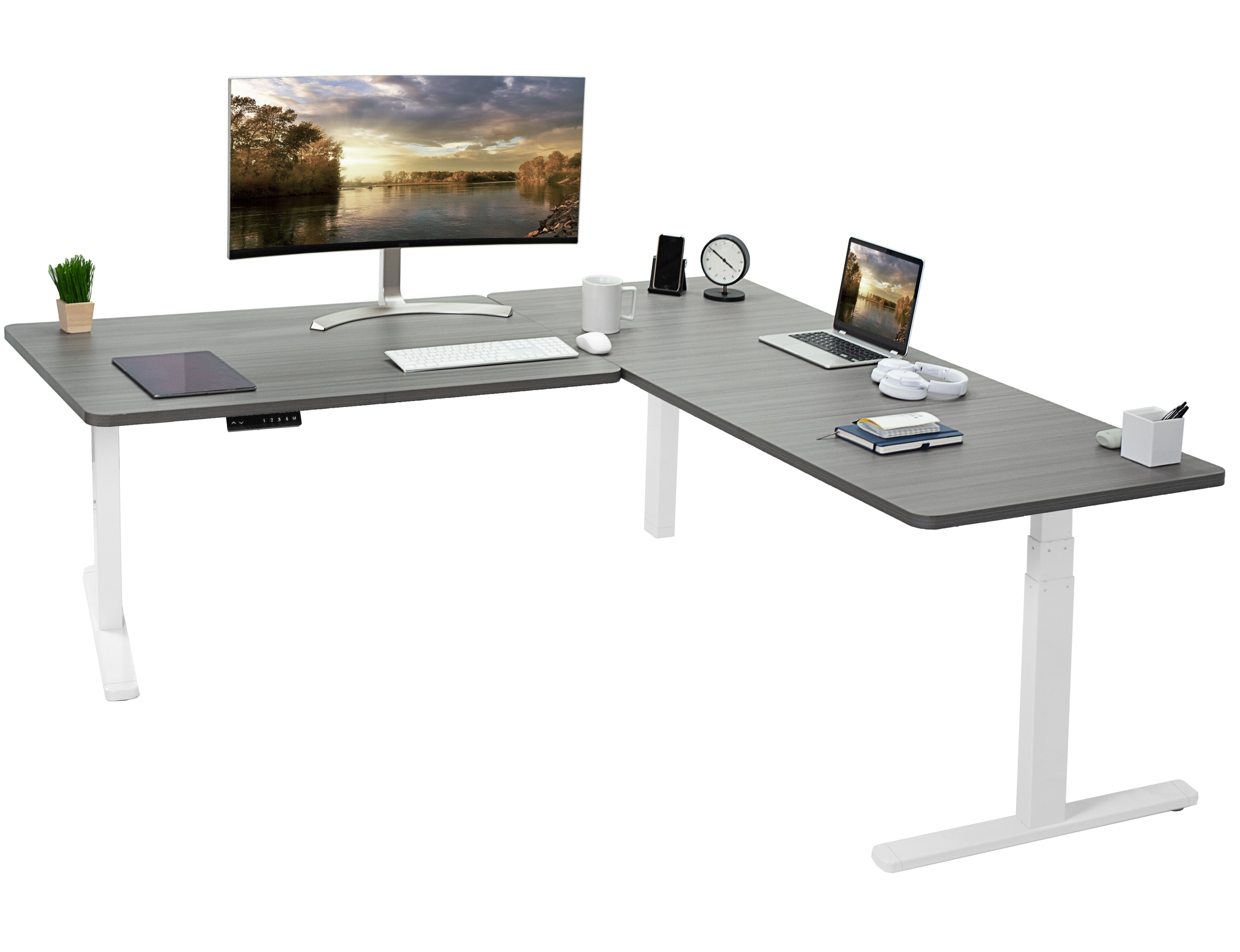 Sit or stand, 3-stage column, heavy-duty, L-shaped corner desk from VIVO.