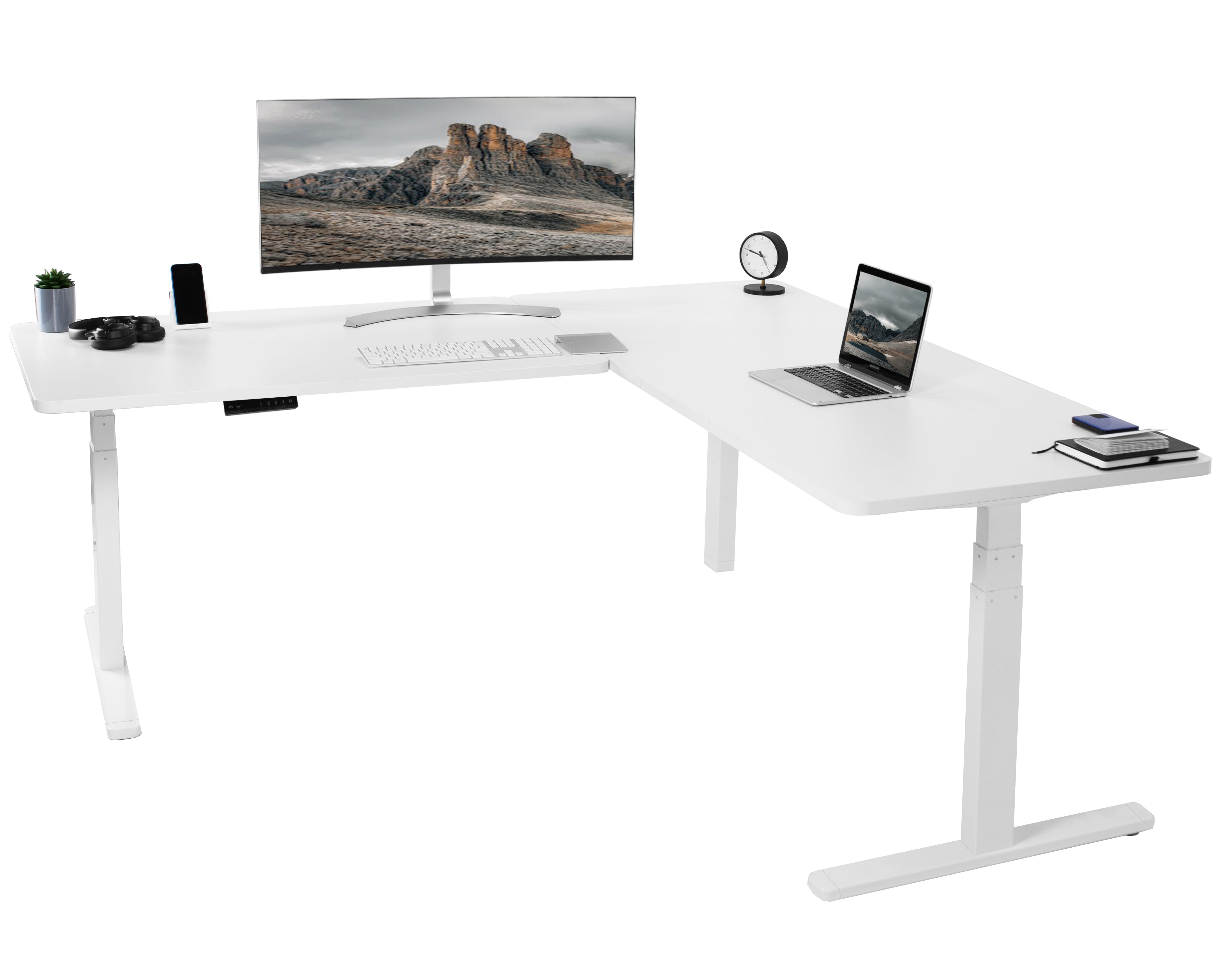 Sit or stand, 3-stage column, heavy-duty, L-shaped corner desk from VIVO.