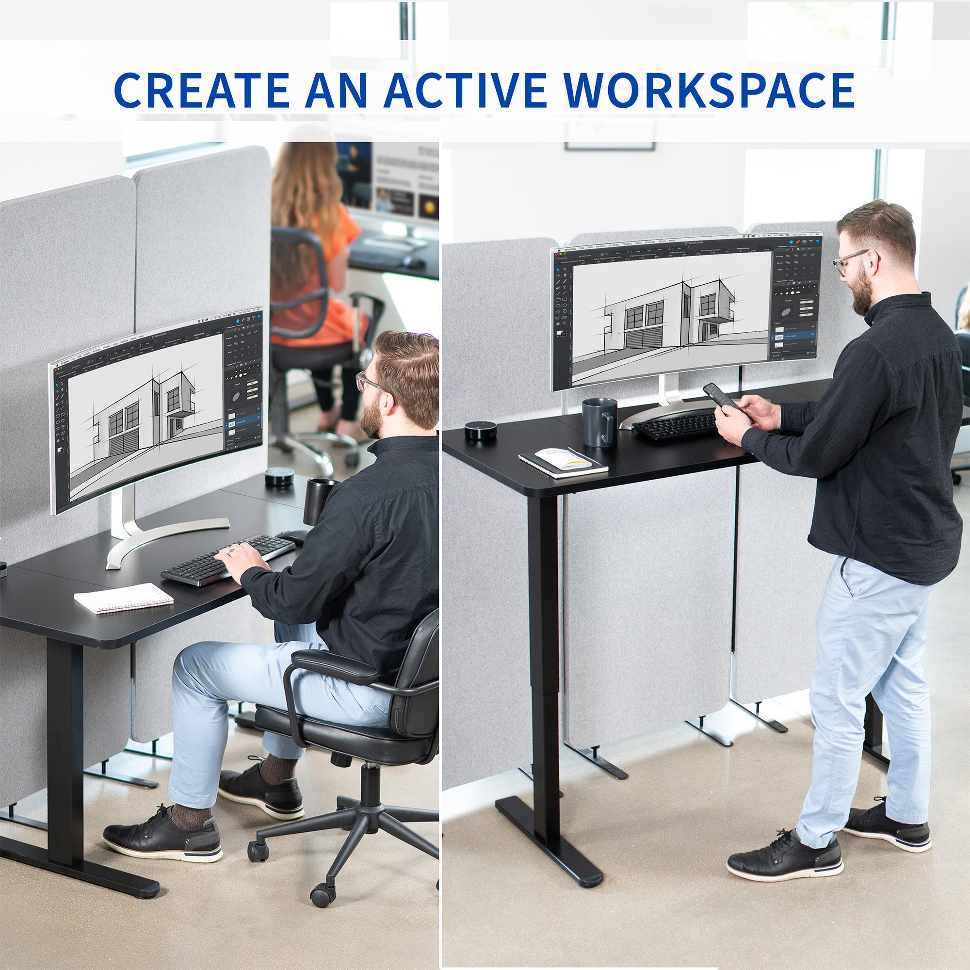 Person using a standing desk with multiple computer monitors in an office setting.
