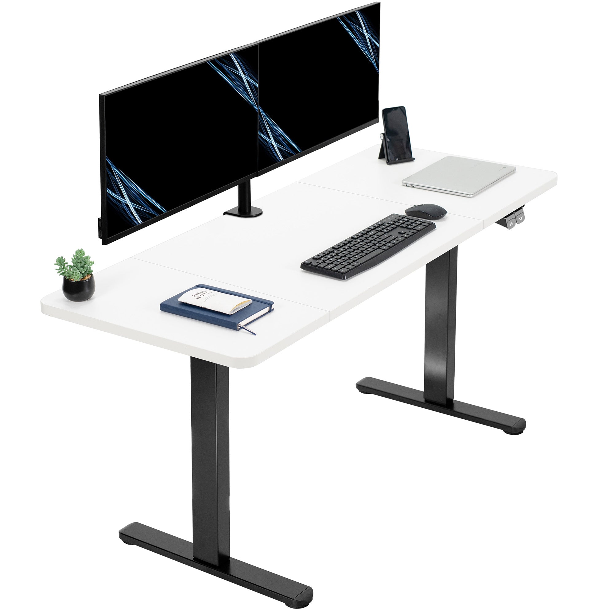 White computer desk with black legs, dual monitor setup, keyboard, and mouse on a white background