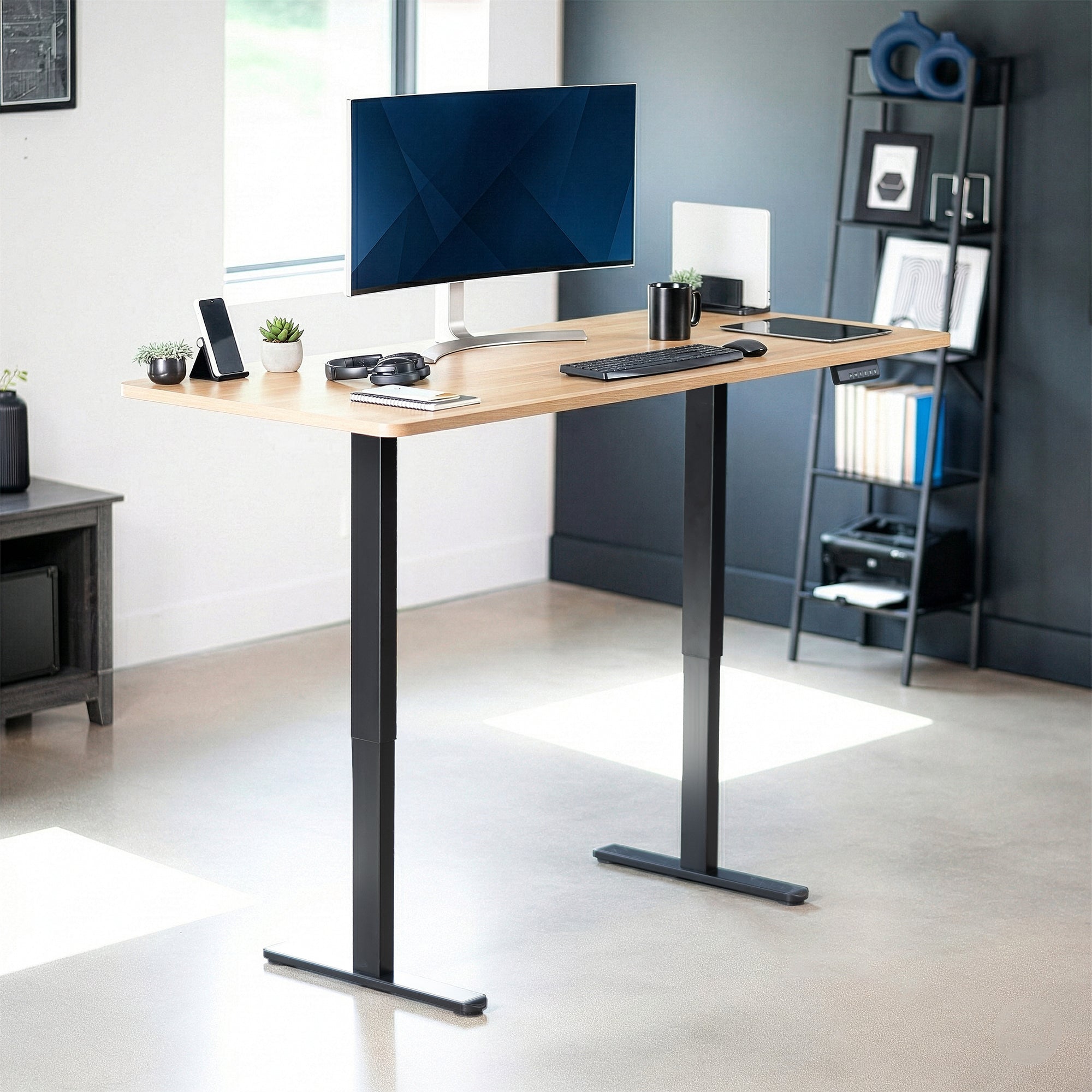 71 x 30 inch dual motor electric desk featuring memory controller height adjustment with memory settings