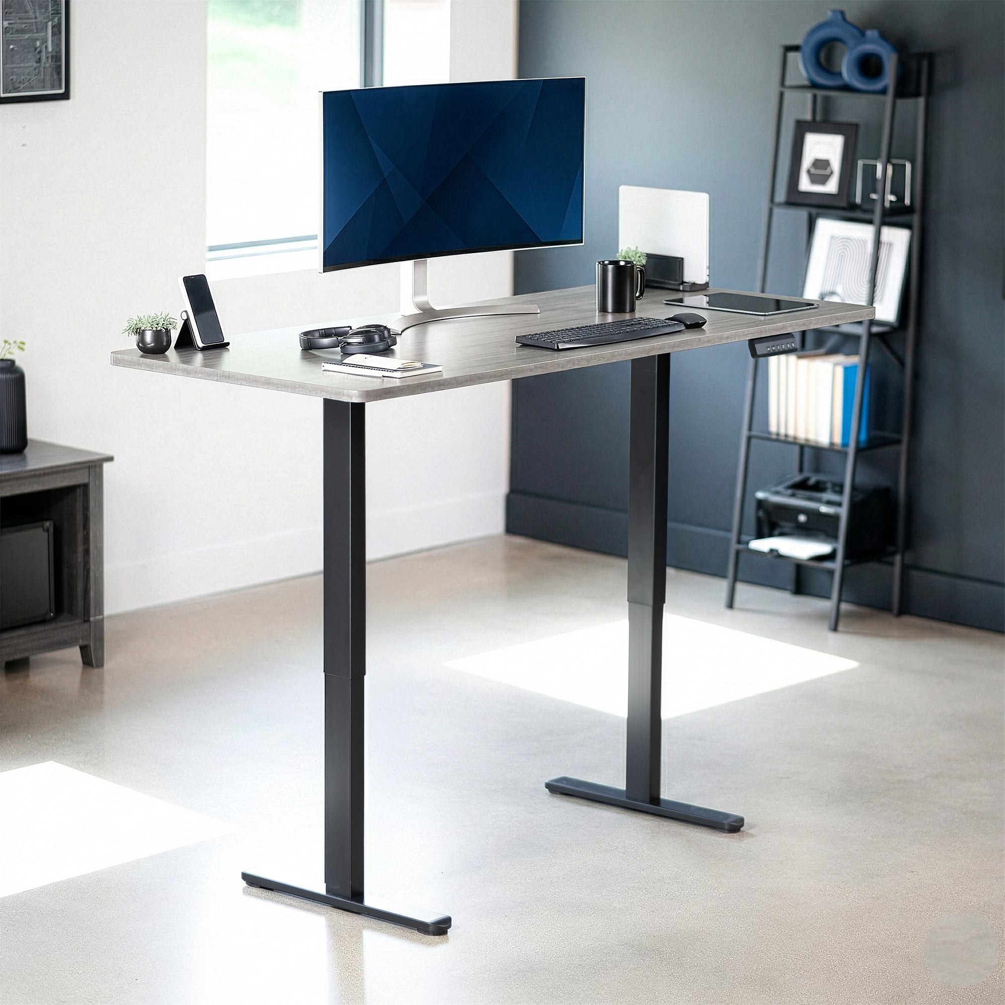 71 x 30 inch dual motor electric desk featuring memory controller height adjustment with memory settings