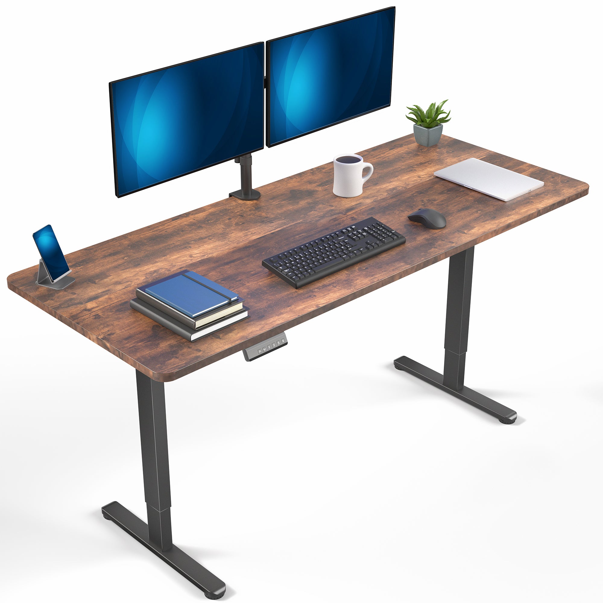 71 x 30 inch rustic dual motor electric desk featuring memory controller height adjustment with memory settings