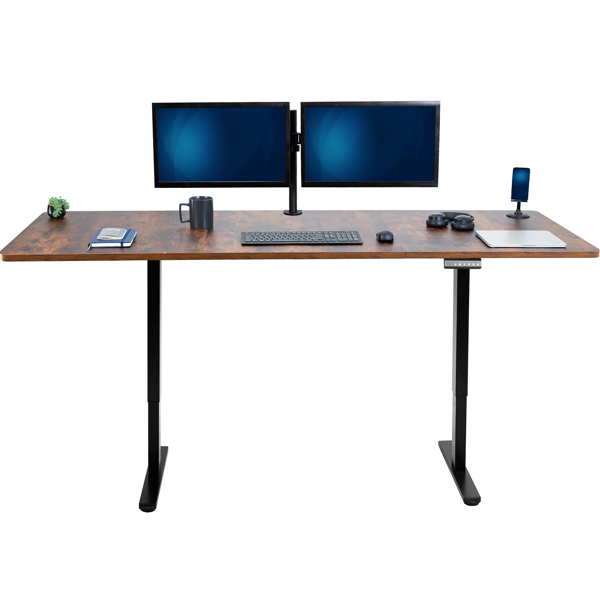 83 x 30 inch rustic dual motor electric desk featuring smart controller height adjustment with memory settings