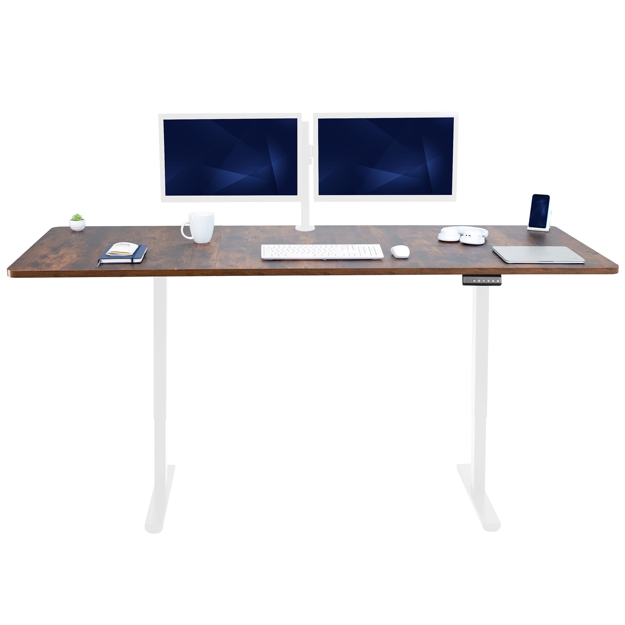 83 x 30 inch rustic dual motor electric desk featuring smart controller height adjustment with memory settings