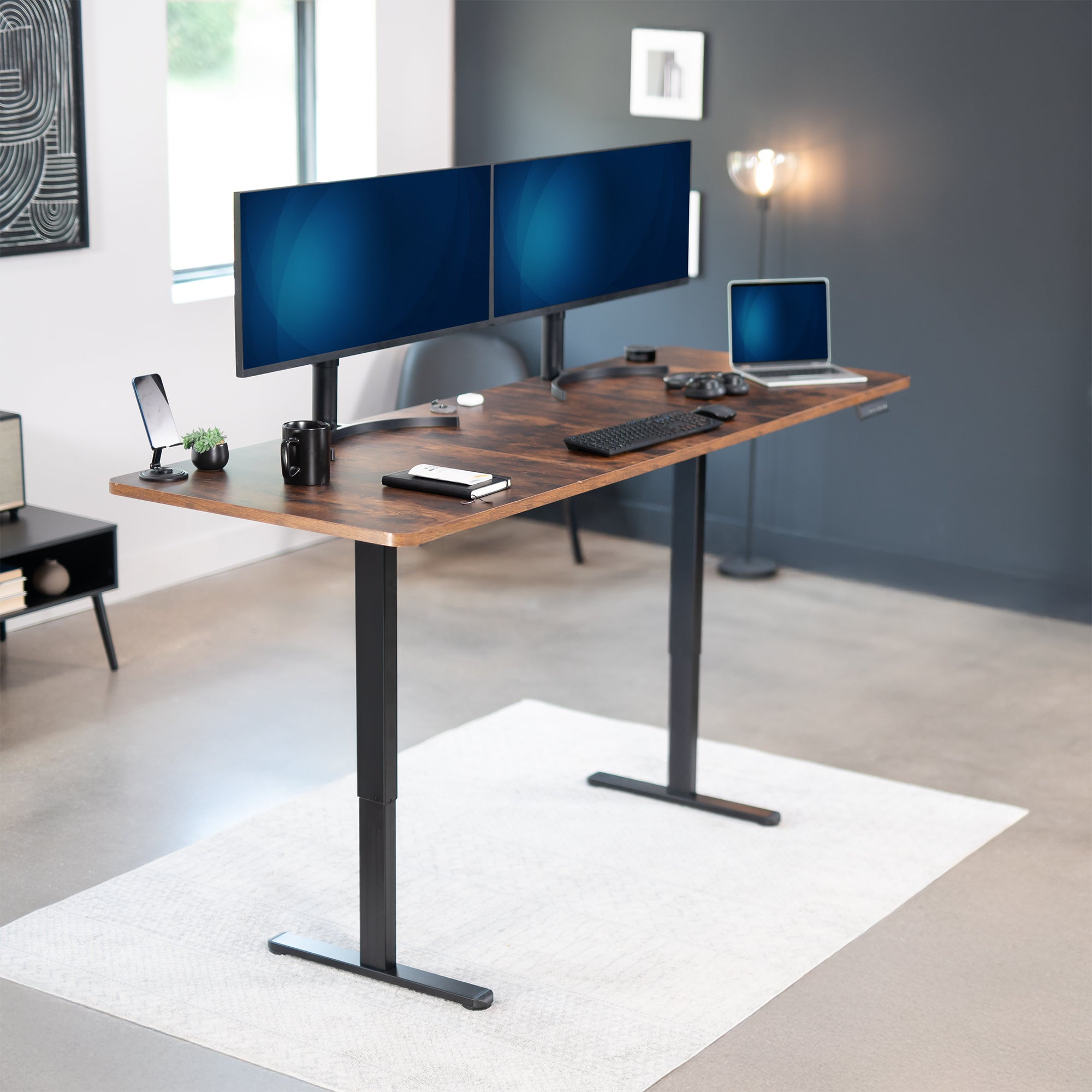 83 x 30 inch rustic dual motor electric desk featuring smart controller height adjustment with memory settings