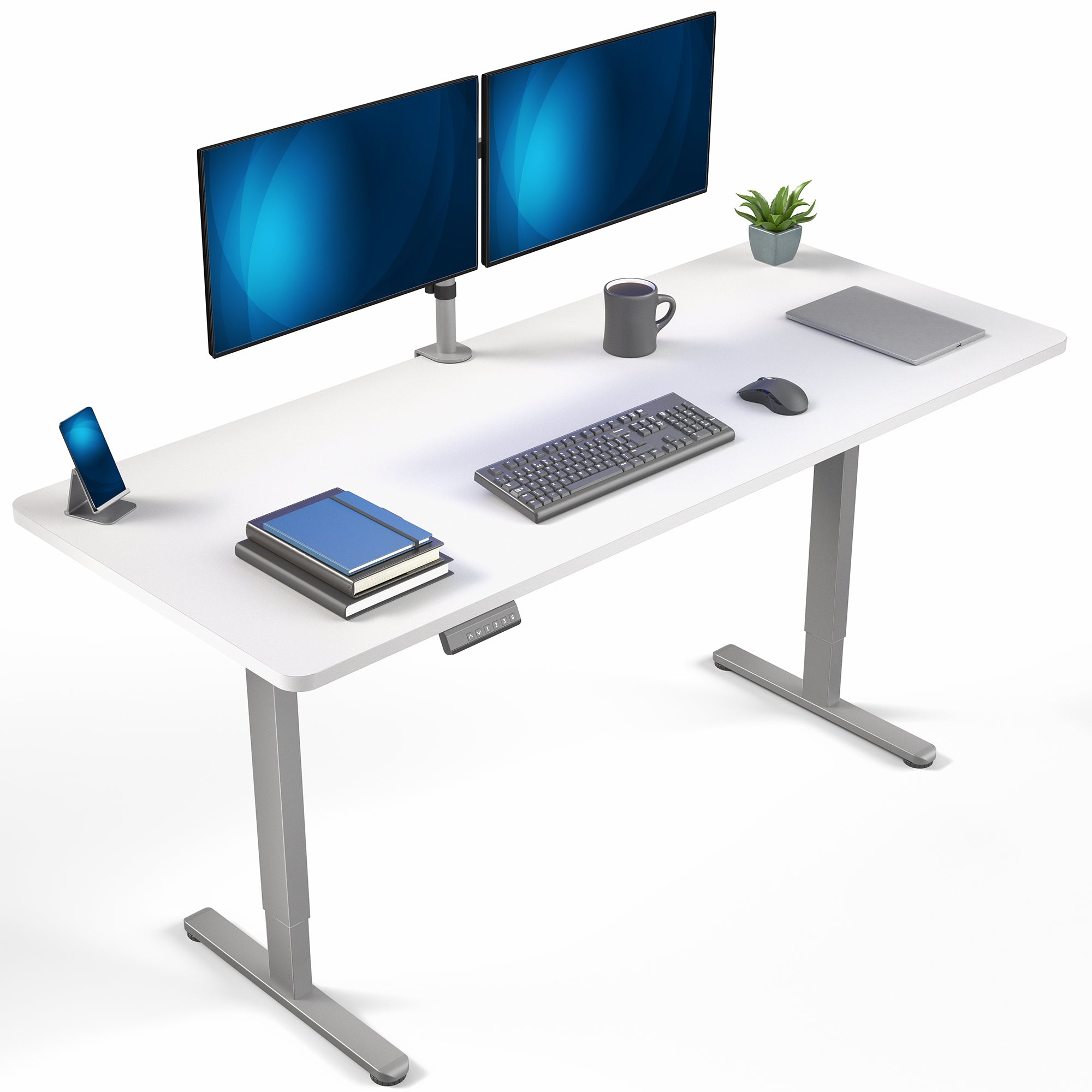 71 x 30 inch dual motor electric desk featuring memory controller height adjustment with memory settings
