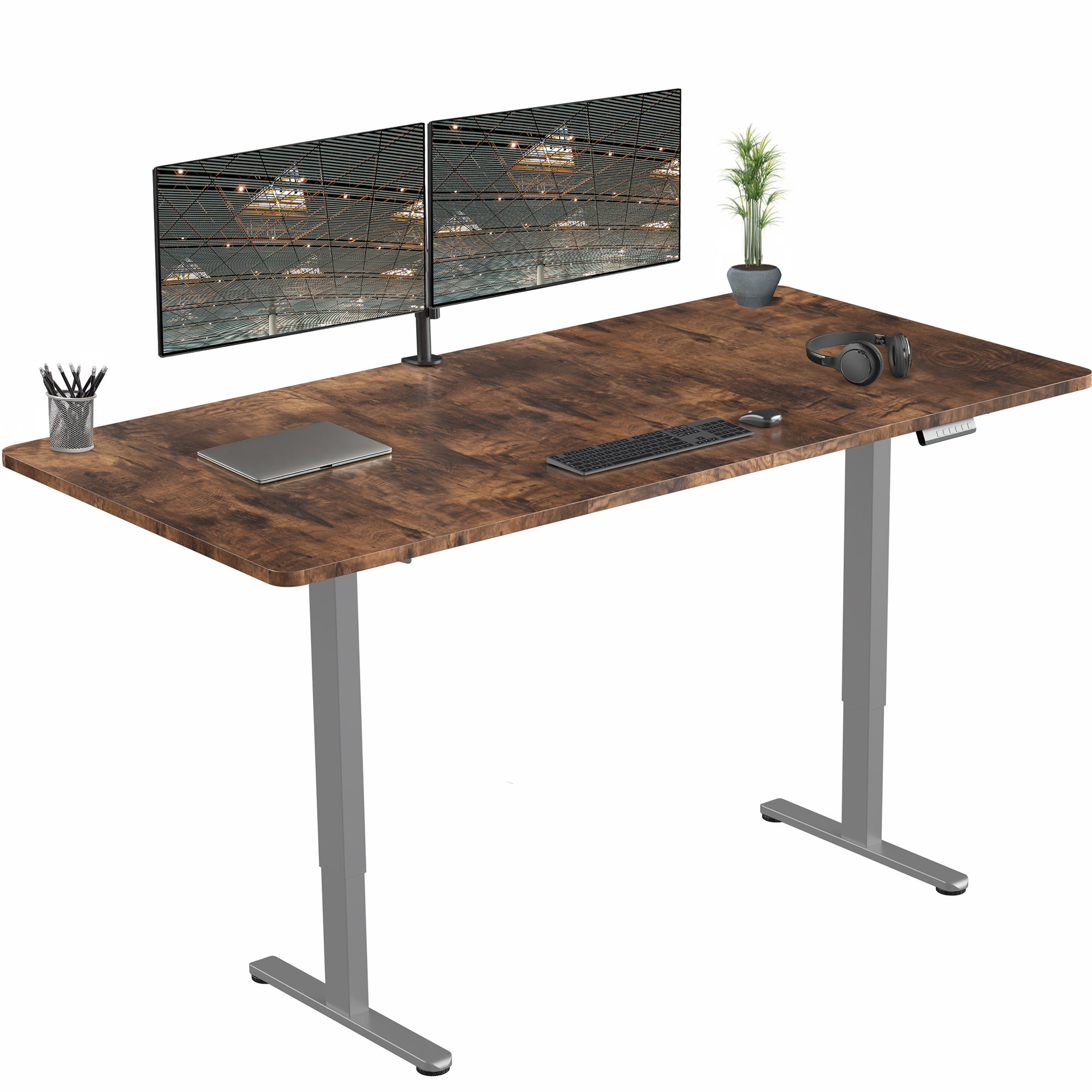 71 x 36 inch rustic dual motor electric desk featuring smart controller height adjustment with memory settings