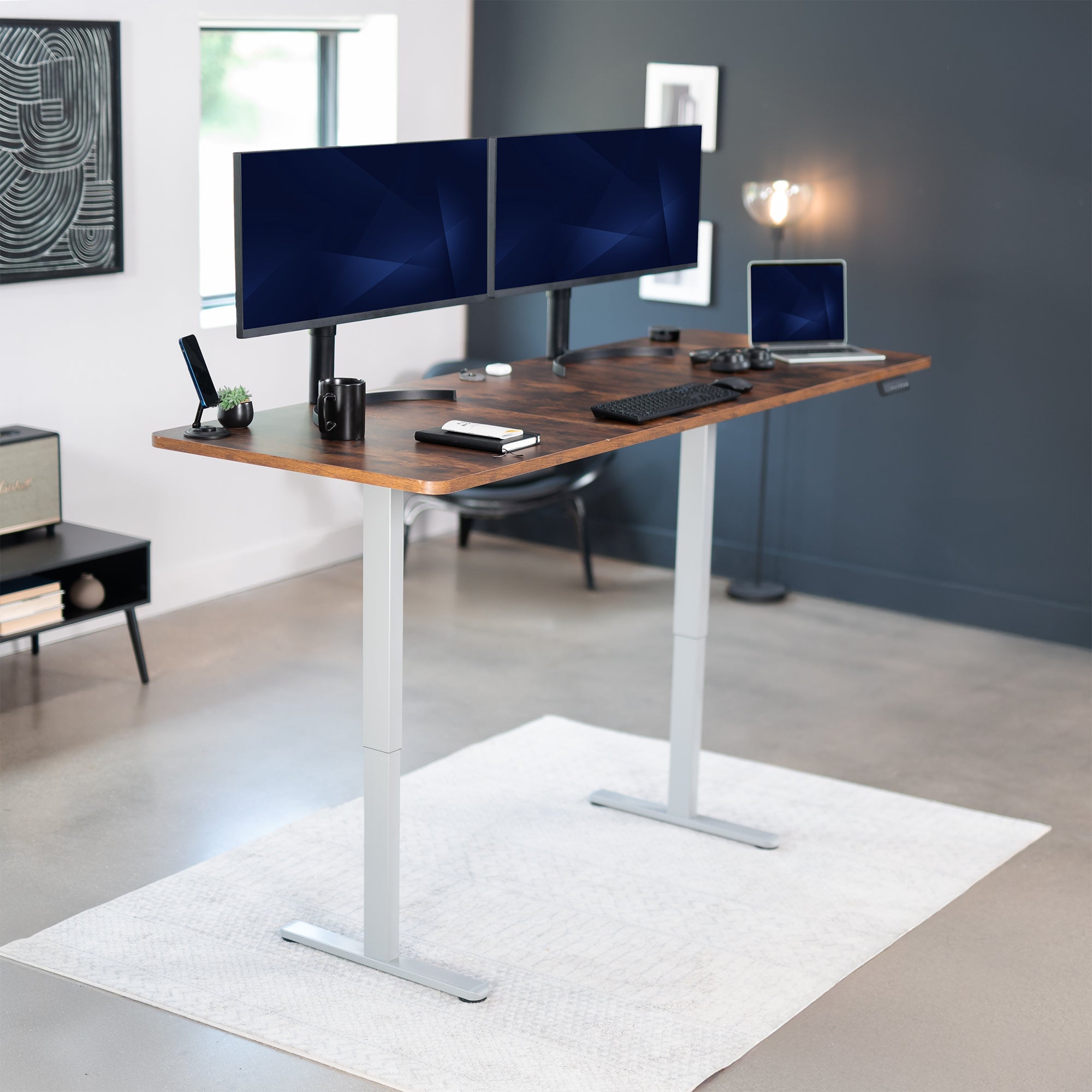 83 x 30 inch rustic dual motor electric desk featuring smart controller height adjustment with memory settings
