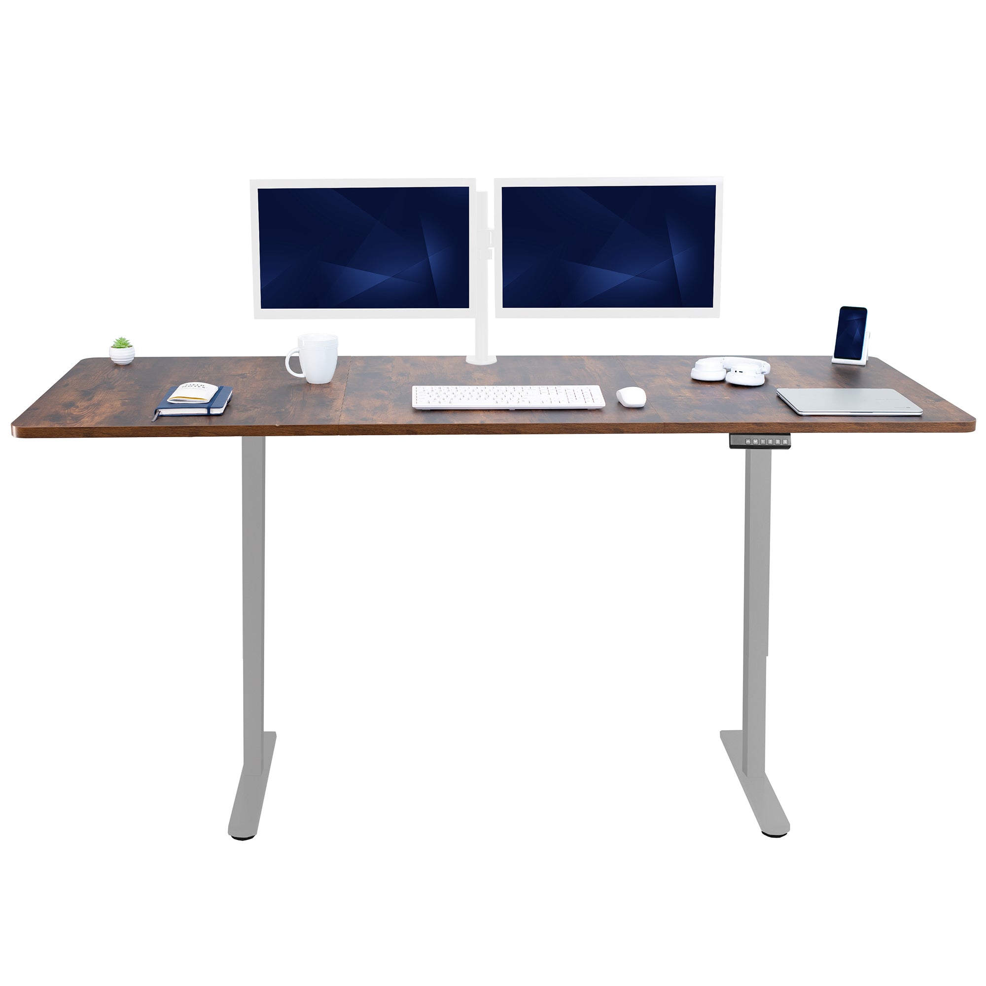 83 x 30 inch rustic dual motor electric desk featuring smart controller height adjustment with memory settings