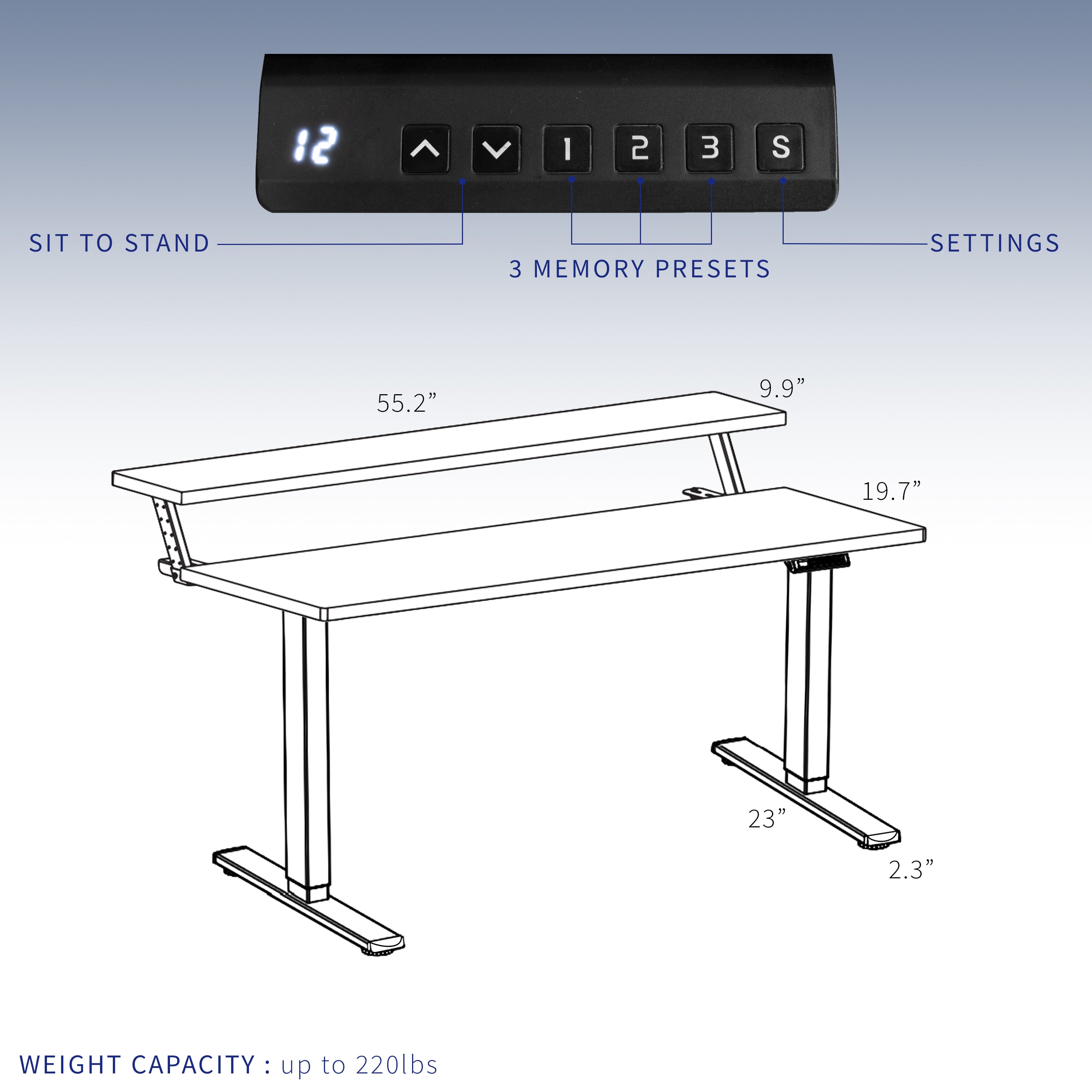 Heavy-duty dual tier electric height adjustable ergonomic desk workstation with programmable memory controller.