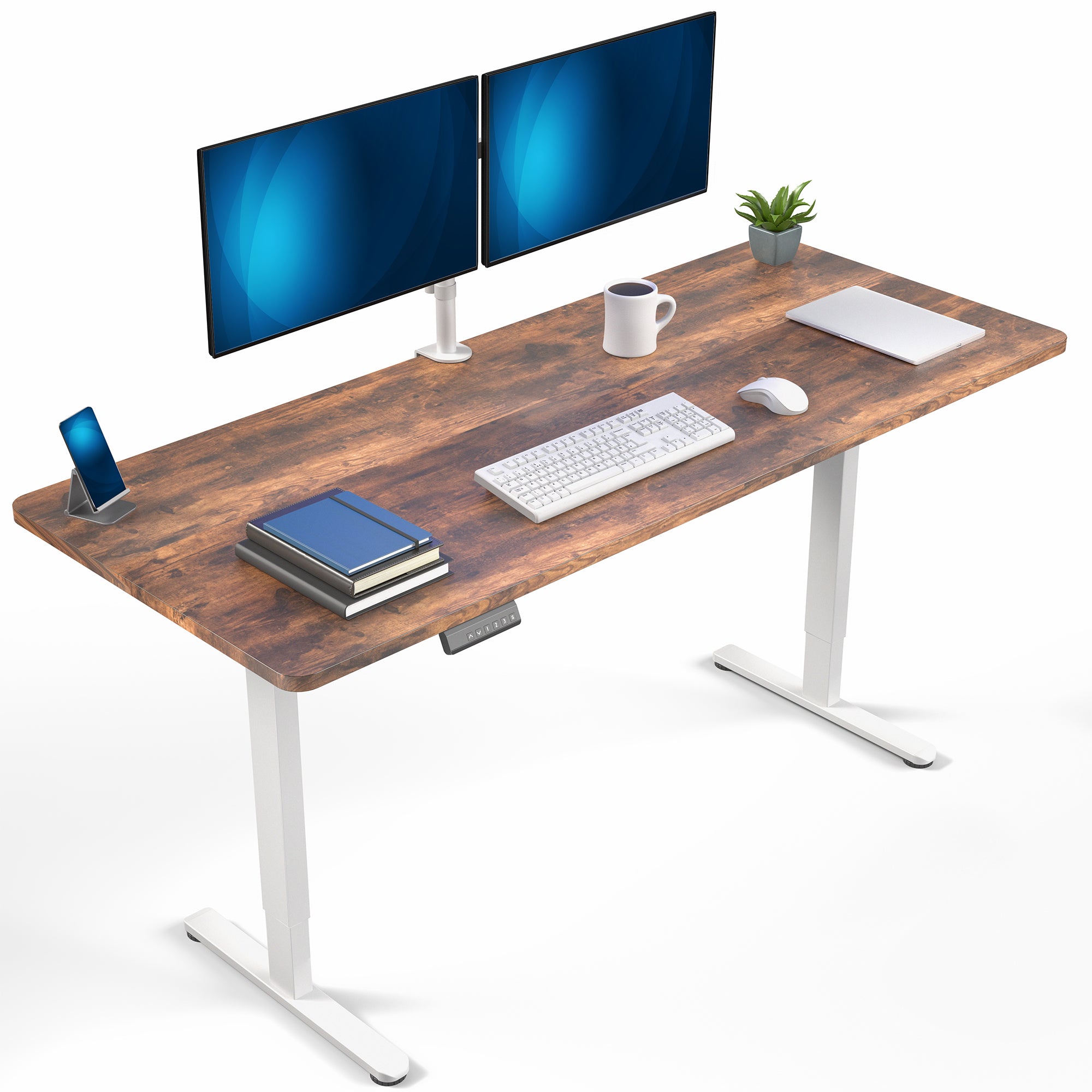 71 x 30 inch rustic dual motor electric desk featuring memory controller height adjustment with memory settings