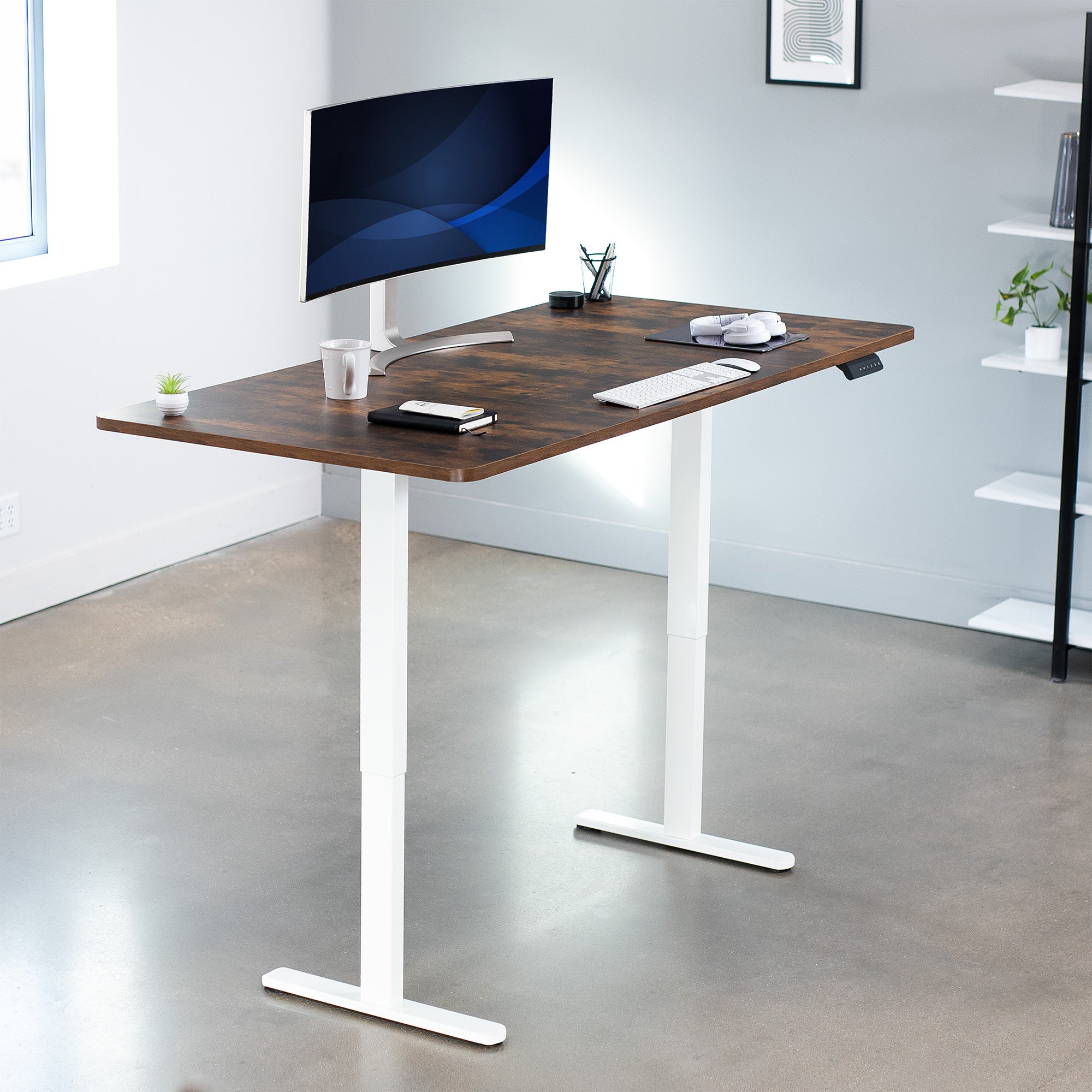 71 x 36 inch rustic dual motor electric desk featuring smart controller height adjustment with memory settings