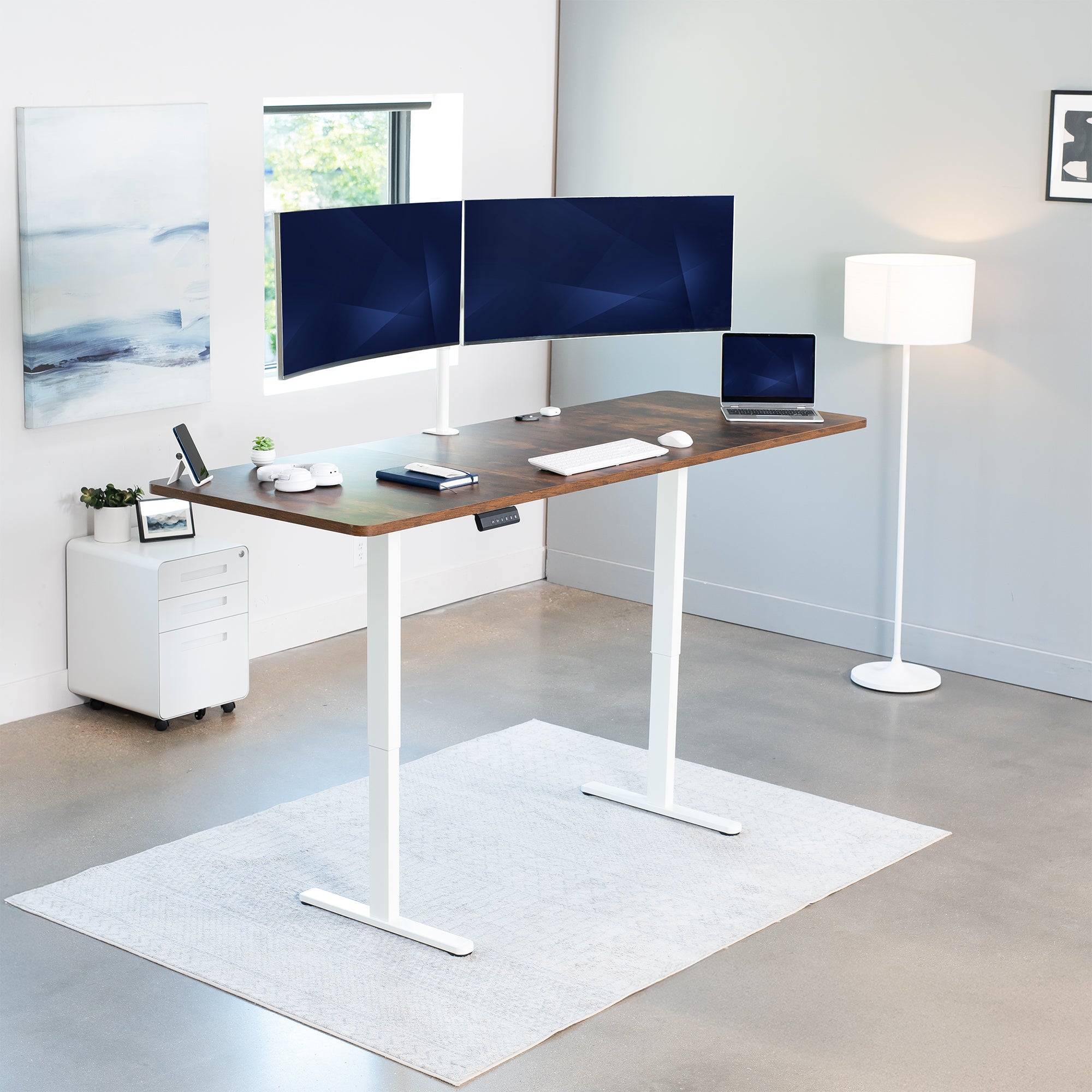 83 x 30 inch rustic dual motor electric desk featuring smart controller height adjustment with memory settings