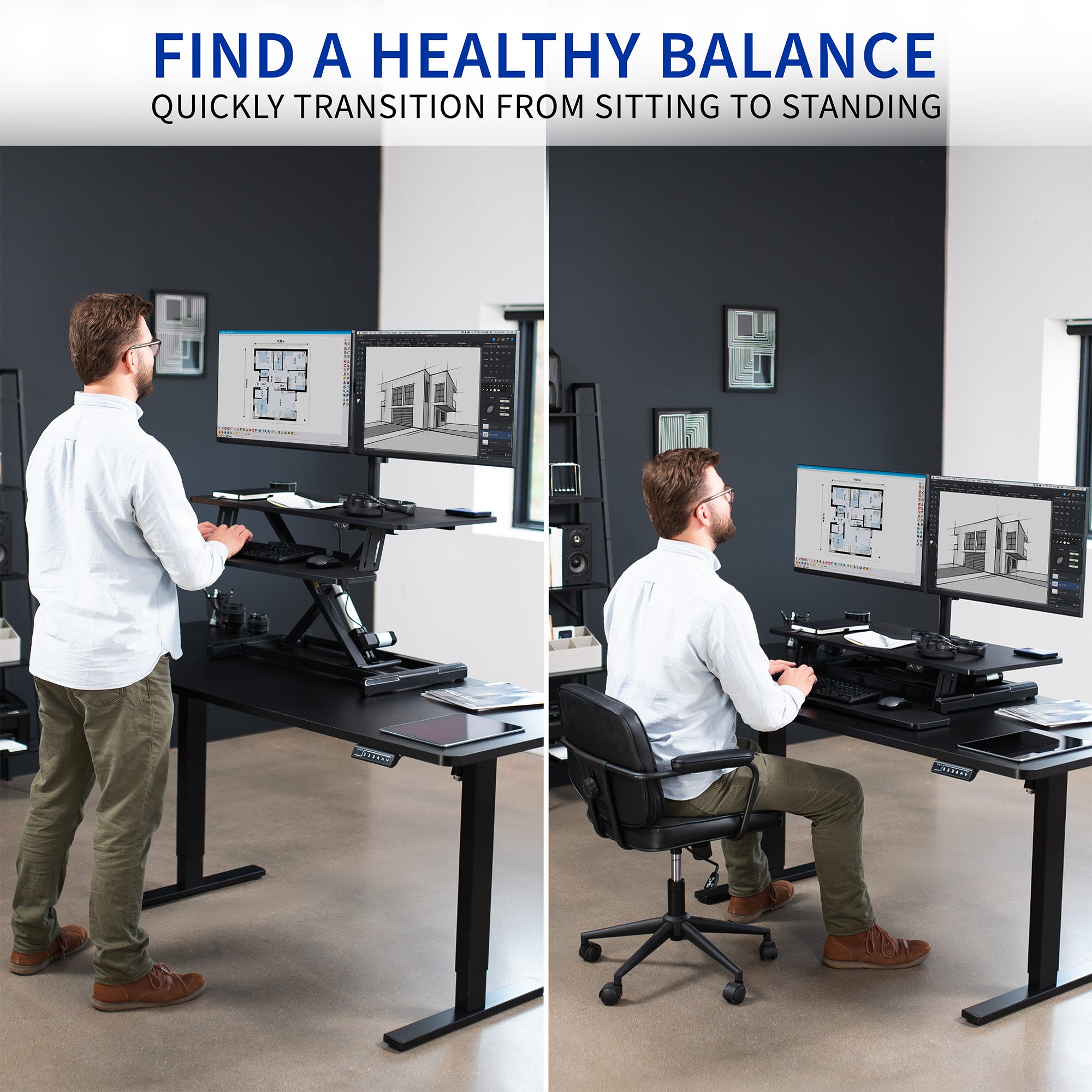 Sit to stand desk riser and dual monitor mount with electric height adjustment.