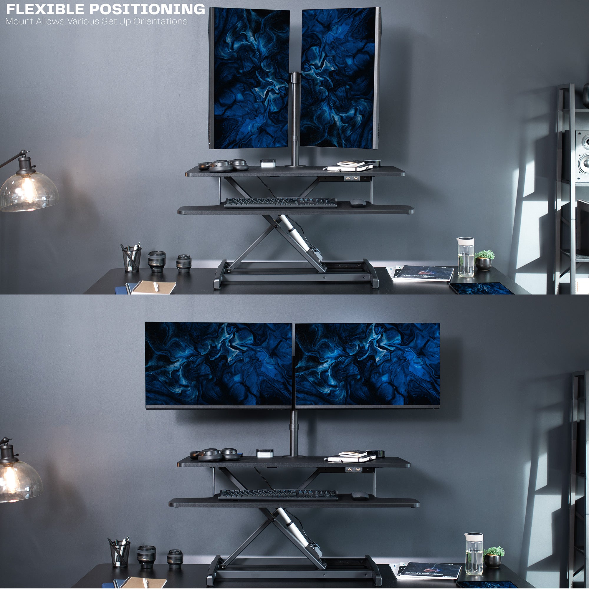 Sit to stand desk riser and dual monitor mount with electric height adjustment.