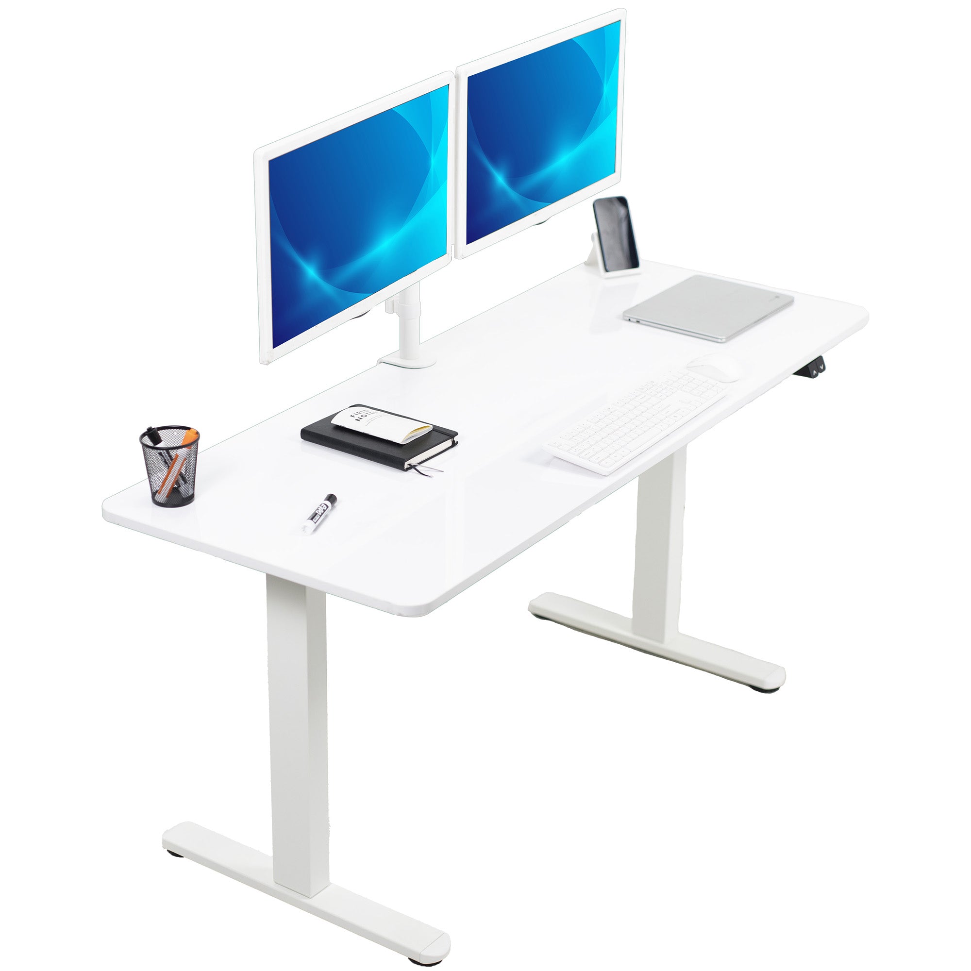 White desk with two computer monitors, a laptop, and office supplies on a white background