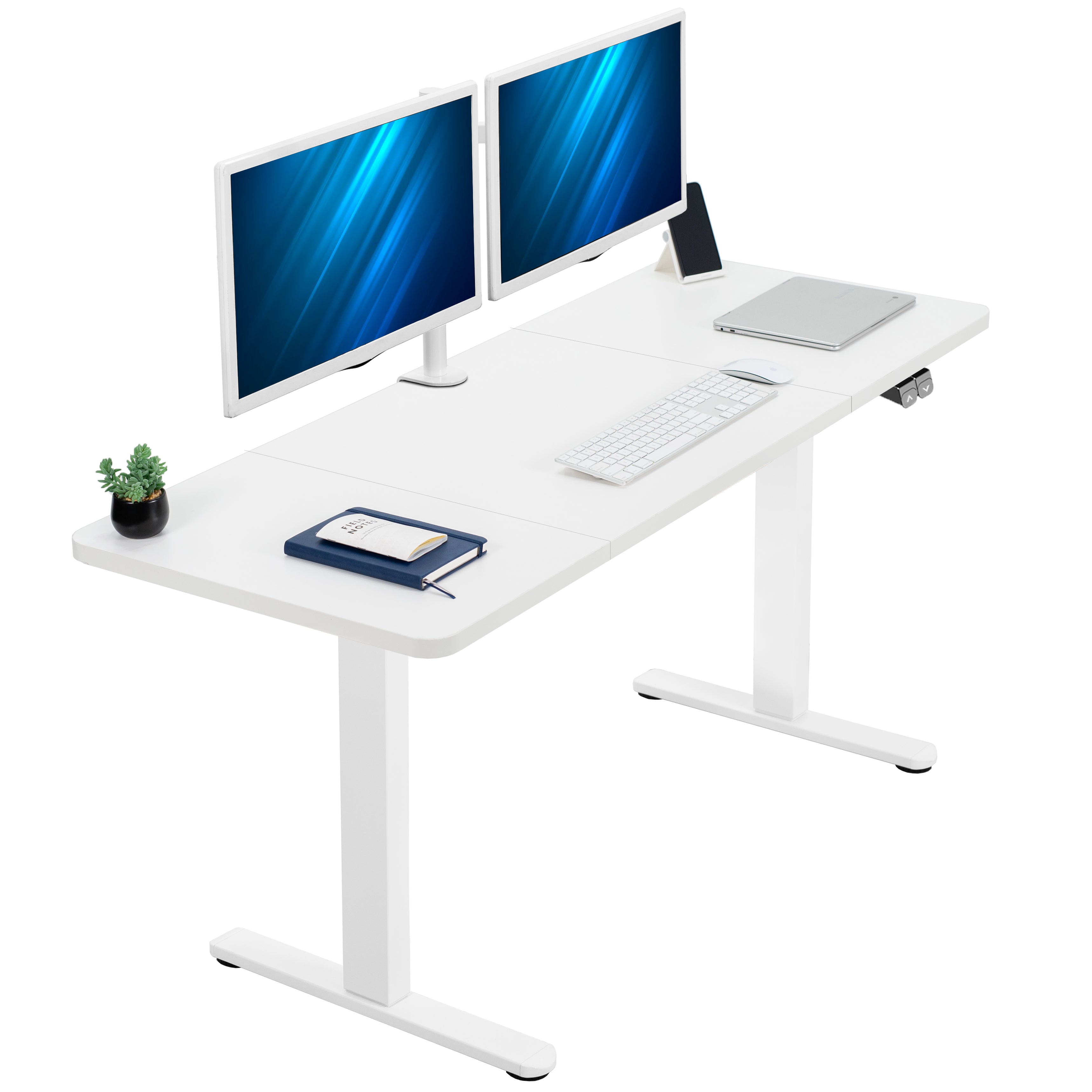 White computer desk with two monitors, keyboard, and mouse on a white background