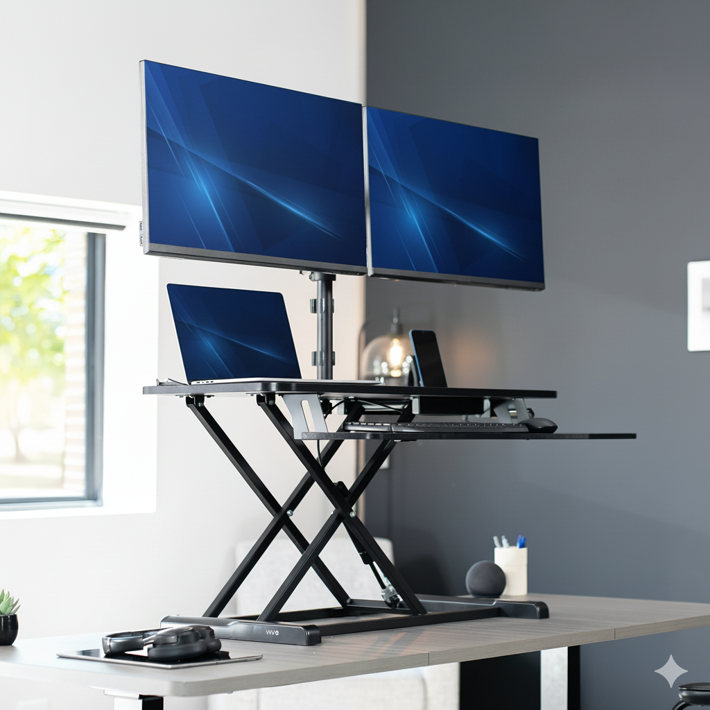 42 inch height adjustable desk riser with articulating mechanical dual monitor mount.