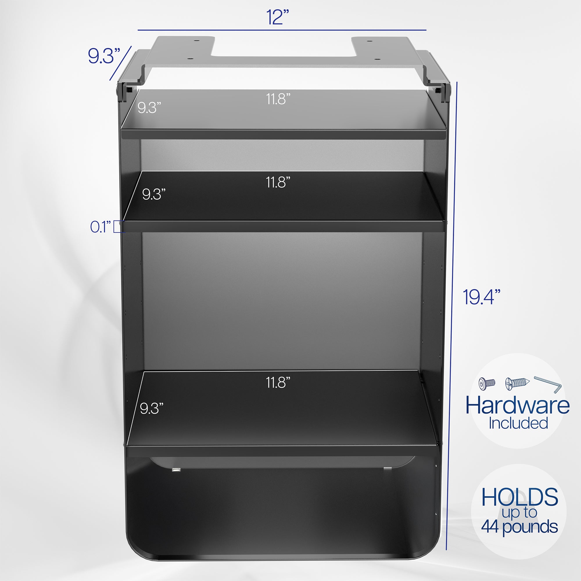 An under desk black shelving unit with multiple shelves.